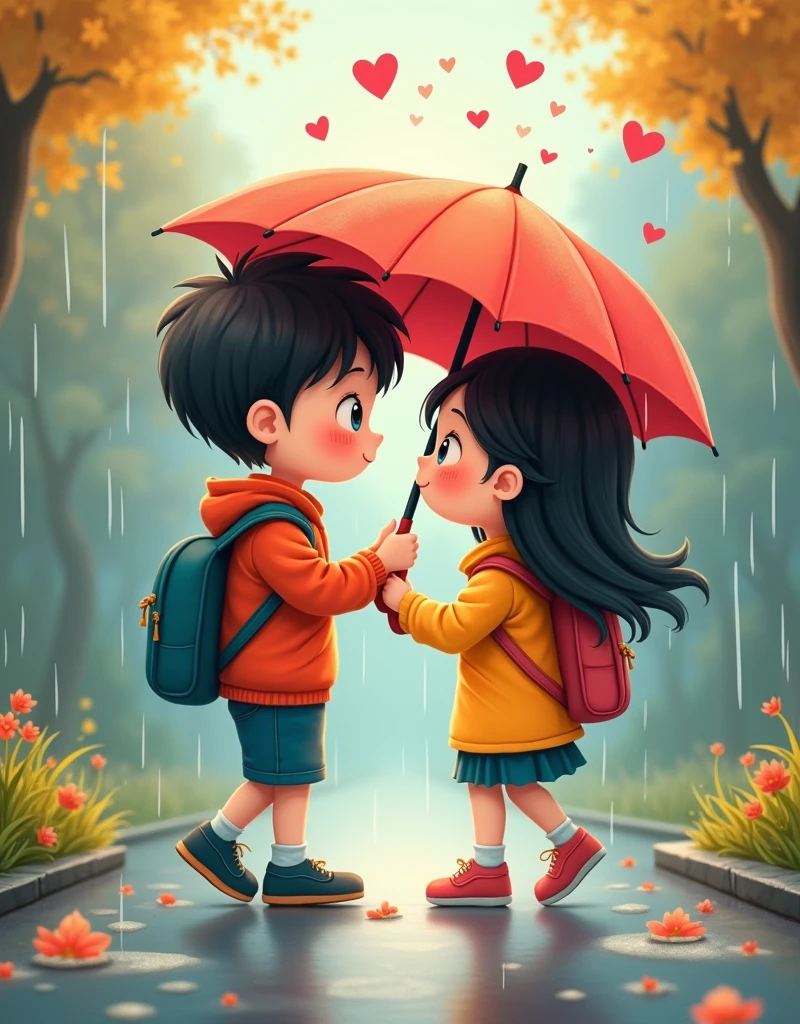  boy and girl are walking from school , boy holds an umbrella over them , funny characters ,close focus , ( his thoughts are painted above the boy(hearts,love),cute scene ,  walking together from school under an umbrella , it's raining ,small puddles , high quality , cute imageCute characters ,