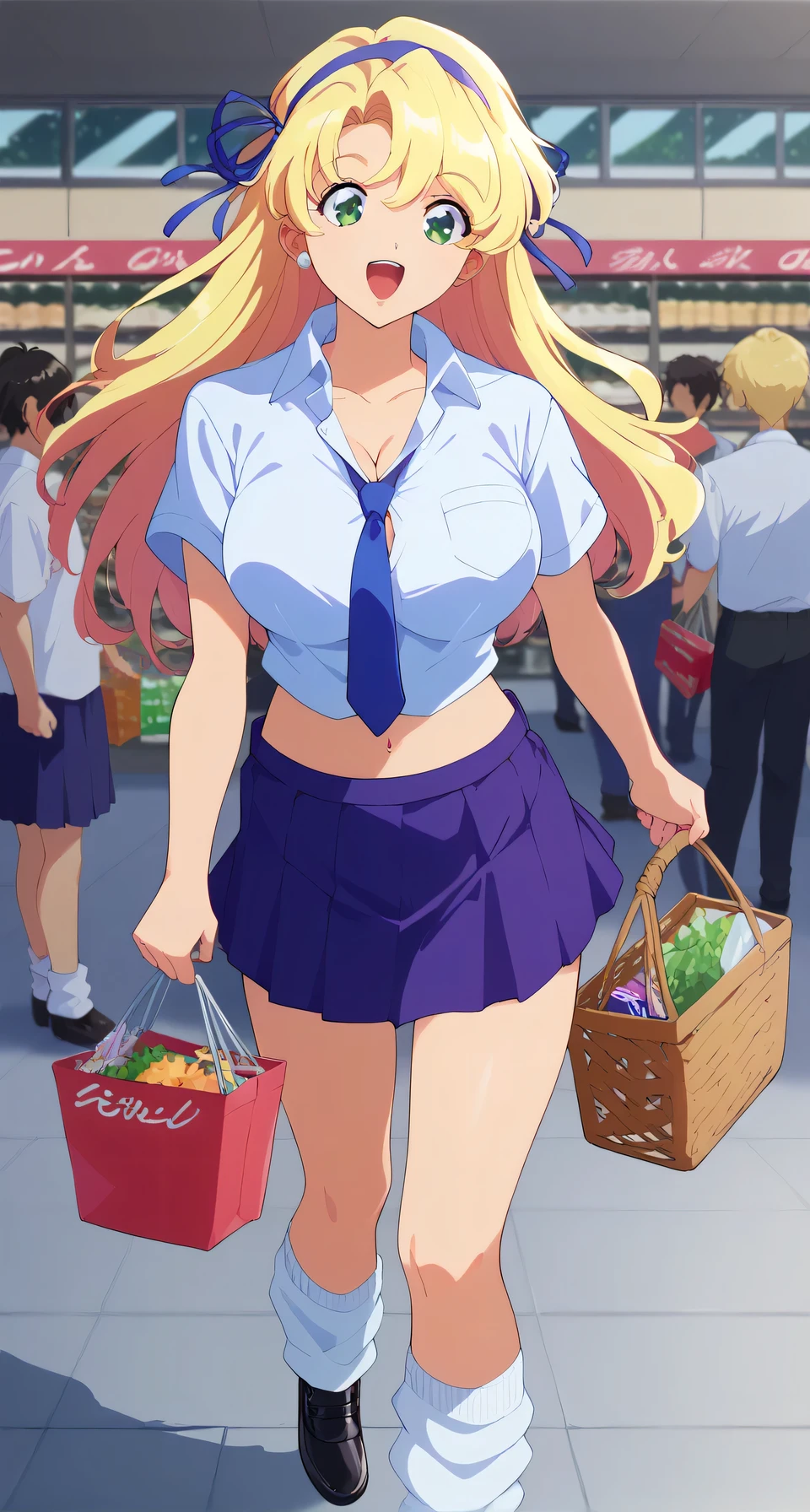 score_9,score_8_up,score_7_up,uncensored,NSFW, katsuragi, long hair, blonde hair, ribbon, green eyes, hair ribbon, hairband,, , shirt, cleavage, school uniform, necktie, blue ribbon, blue necktie, purple skirt, loose socks、Black leather shoes、a tall,thick thighs,large breast, navel,break,perfection,hands, , Top Quality, High Definition, Anime style,,、 Super Detailed, Masterpiece, Anatomically Correct,perfection hands,、,,,from front、Shopping.shopping basket,sundries、cute ,open mouth, smile,Inside the store、crowd,