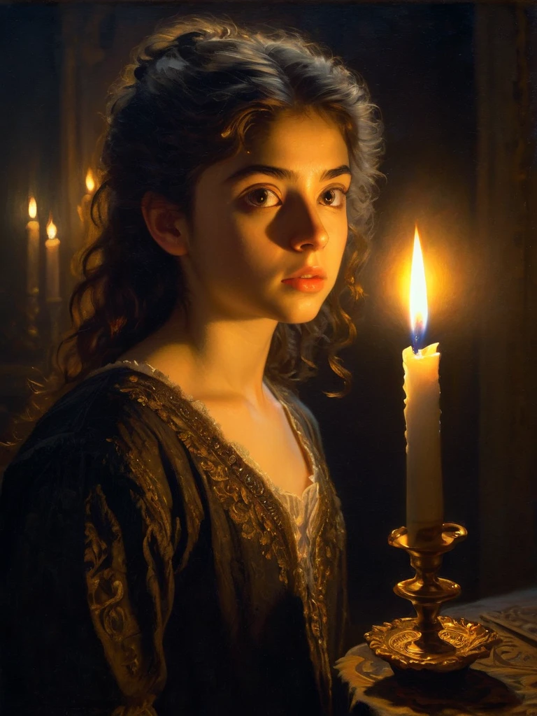 Top quality, super detailed, 1 girl staring at candlelight in a dark room, medium hair, soft T-shirt, texture, (pointier technique, baroque dramatic, with strong light like spotlight), oil painting, masterpiece