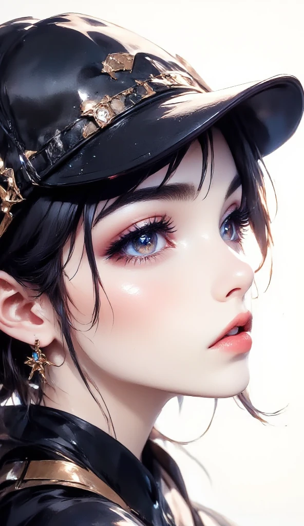   a close up of a woman with a warm hat on her head in profile with her face facing the camera , she wears ring earrings head slightly tilted down looking at the camera ,  false eyelashes beautiful and fleshy lips ,  her hair moves in the dark colored wind ,  photo in gray tones with black accents , white background ,a manga drawing by Ross Tran  , trending on CGSociety, arte digital,  Germ of Art.  High level of detail ,  Germ of Art.  anime illustration ,  Germ of Art portrait,  Beautiful drawing style , black and white manga style,  Germ of Art and rossdraws, drawn in the style of  Germ of Art