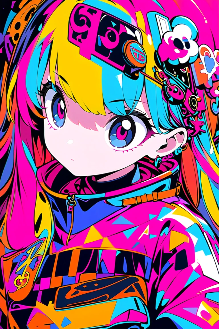 1girl,solo,anime style,looking away,vibrant colors,Black eyes,random color hair,stylish outfit,oversized sweatshirt,bold graphic text,shorts,playful expression,ear accessories,colorful belt,flat design,red polka dot background,high contrast,minimal shading,modern illustration,retro vibes,pop art influence,cool illustration,street style,Contrast,masterpiece,best quality,ultra detailed,8k portrait,unity 8k wallpaper,super fine illustration