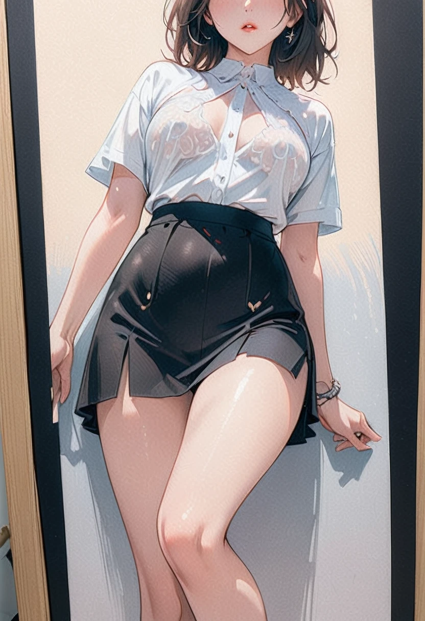 Nipples visible from white shirt, wet shirt, no panties, full body figure, black hair long straight, high school student, uniform, sexy, bra, Japan person, ,