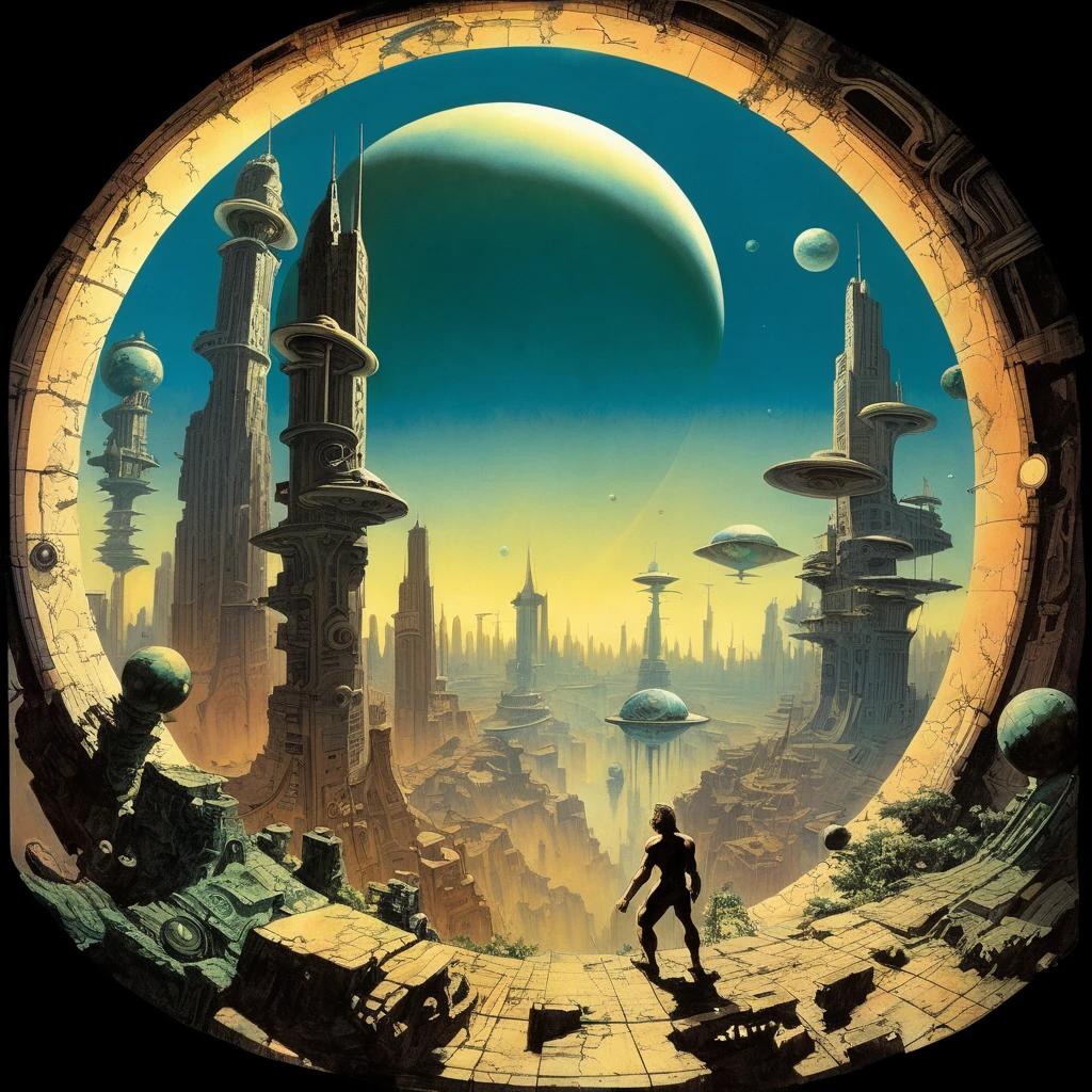 science fiction warrior, standing on a cliff, futuristic city, by Hannes Bok<lora:hannesbok:1>