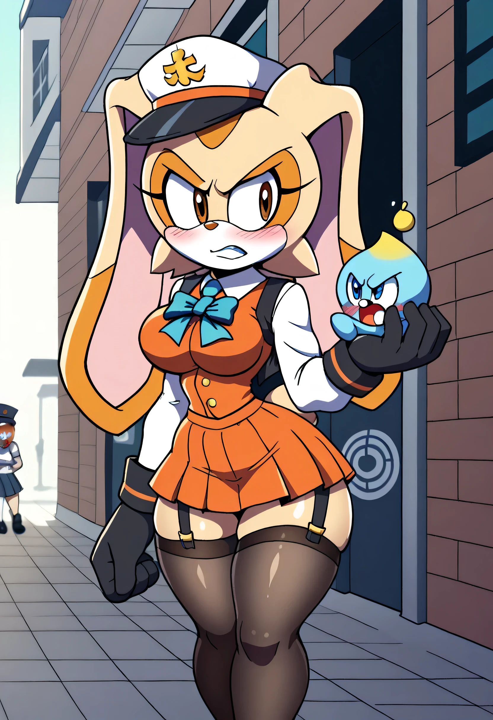 Cream the rabbit,angry look, blushing,schoolgirl vest, sailor hat , long hair ,,schoolgirl skirt, black stockings with straps,,  black gloves , small hips , large breasts,small hip,  Big Thighs,   walking on the street ,a lot of buildings in the background, at sunset  