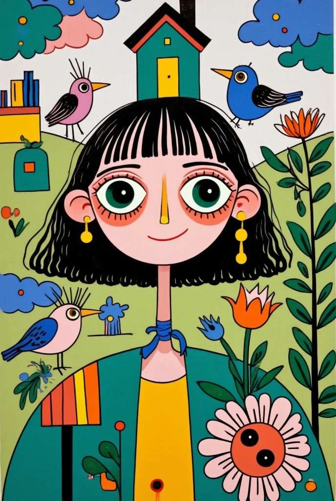  A pretty girl with green eyes ， with an elegant headband ， The hair adorns the elements of nature and the house ，With a house on her back ， with a house on her head ， The background is dense trees and rolling hills。 hand drawn illustration style， cute cartoon design ，Green Palette， Birds fly around her face ， The swallow rests on his shoulder ， by Hsiao Ron Cheng 
