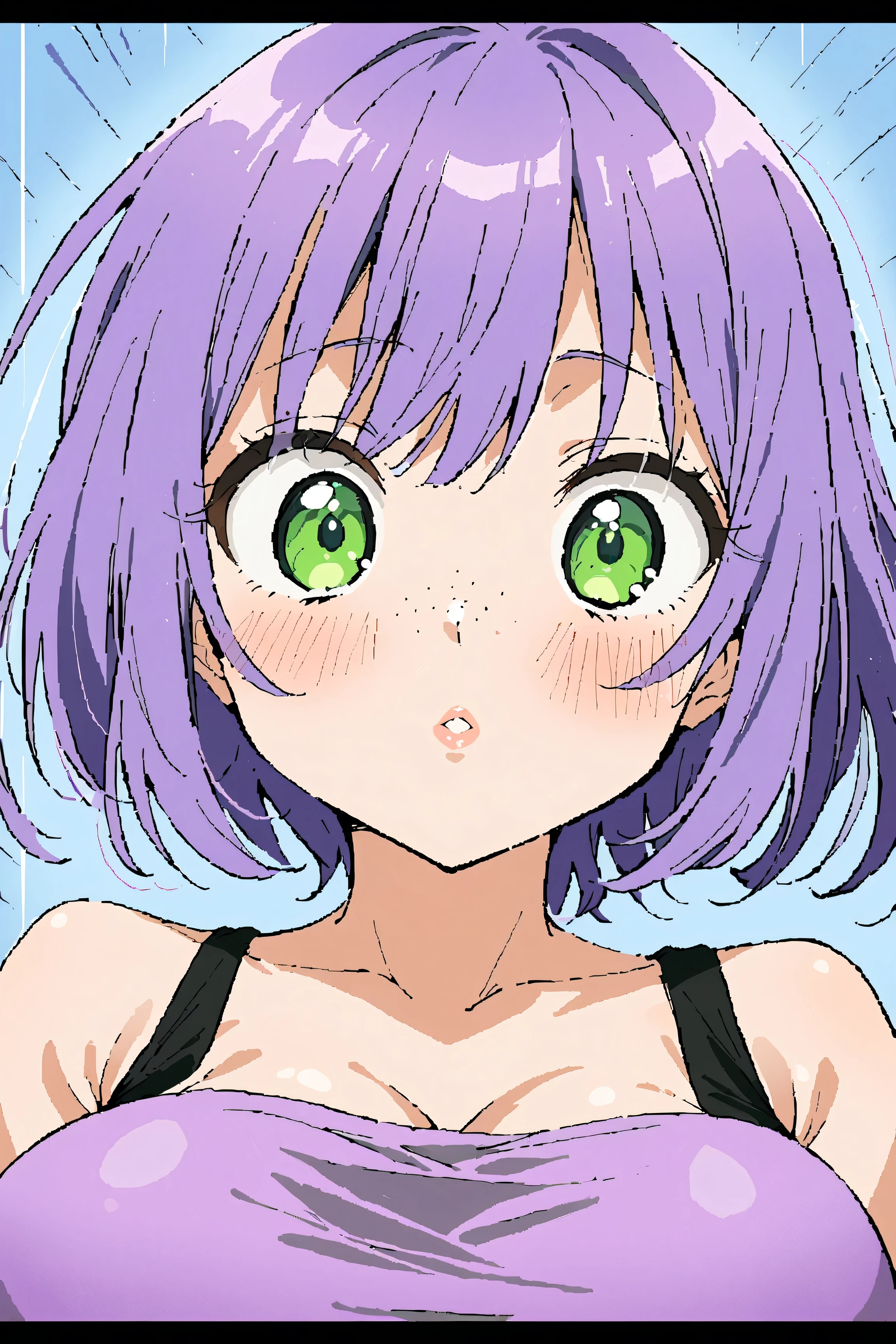 (masterpiece, highres, high resolution:1.2), anime 20 yo girl, portrait, shoulders up, illustration. drawn, violet hair, asian girl, green eyes, blushing, solo, surprised, freckles, big lips, huge breasts, perfect body, wearing a tube top, no hands.