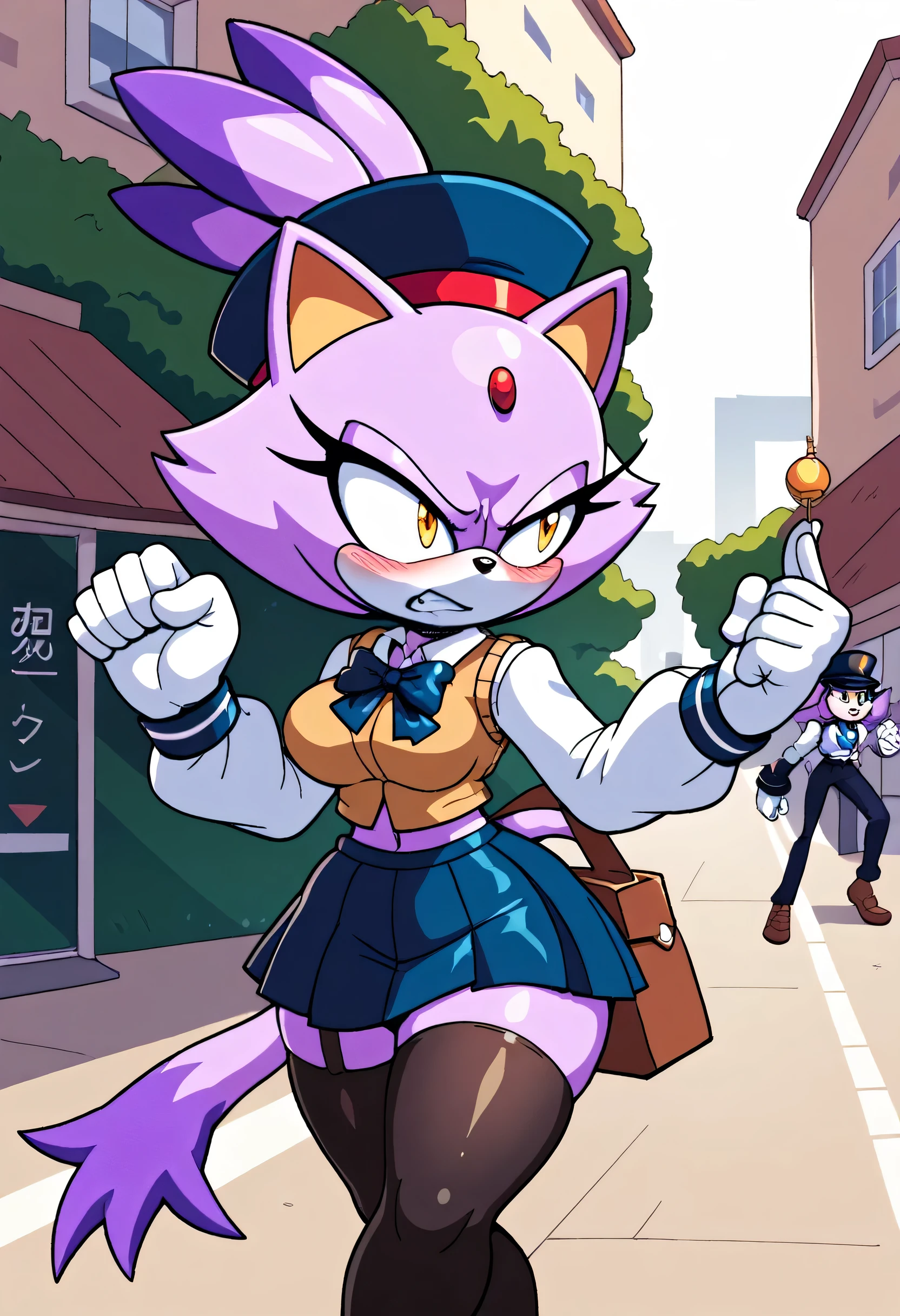 Blaze the cat,angry look, blushing,schoolgirl vest, sailor hat , long hair ,,schoolgirl skirt, black stockings with straps,,  black gloves , small hips , large breasts,small hip,  Big Thighs,   walking on the street ,a lot of buildings in the background, at sunset  