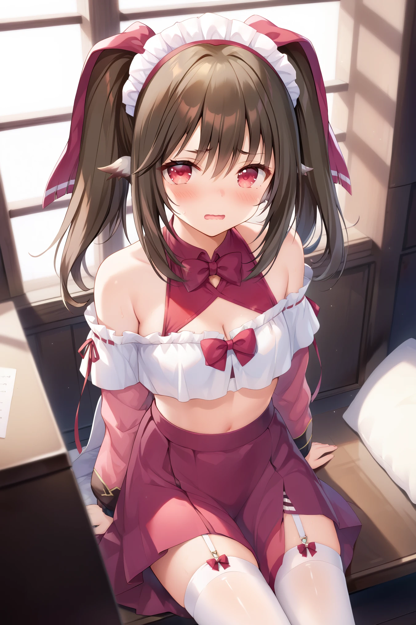 NSFW,masterpiece, best quality, high definition , Very detailed,Nekone\(Utawarerumono\),Brown Hair, twin tails, hair bow ,Red eyes,Embarrassed,blush, maid outfit , crop top, off-shoulder , miniskirt, Garter Straps ,Nightlife