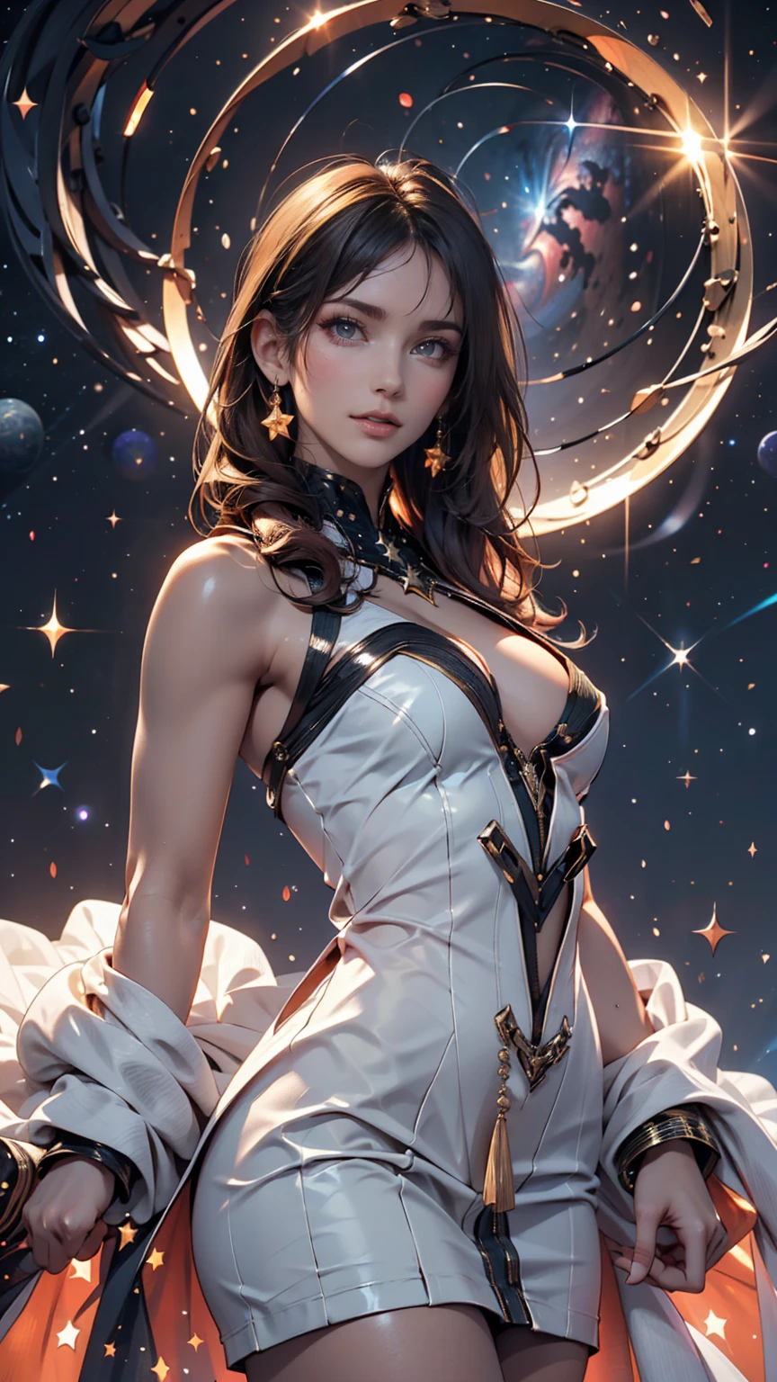 teen emma watson as a magical girl. tight intricate white suit. freckles, beautiful face, masterpiece, intricate detail. sitting. background cosmos. night.