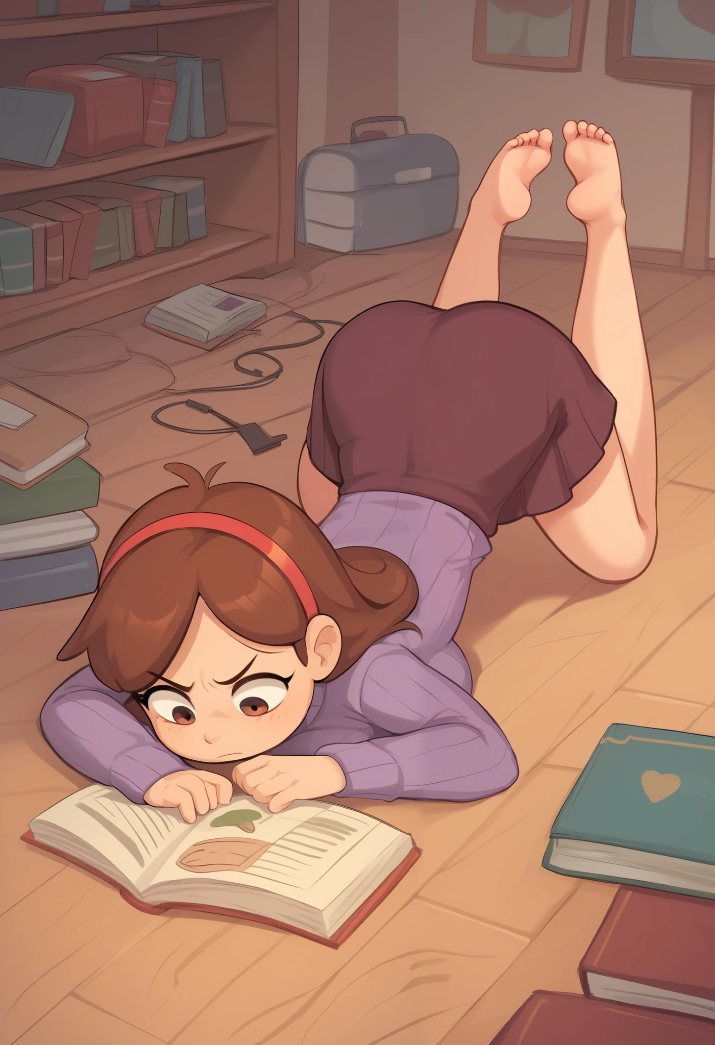 Small girl, young, full body, (solo 0.6), brown hair, long hair, brown eyes, slender body, thin waist, big breasts, indoors, purple sweater, hard erect nipples, brown skirt, wires on floor, annoyed, reading a book, face down ass up, cute, ( pixar style 0.5) (hairband -0.9) mabel pines, barefoot 