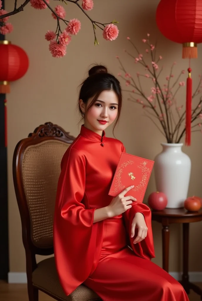 Lisamy, A high-fashion editorial shot of a Lisamy dressed in a vibrant red silk ao dai with exaggerated, stylized sleeves and a dramatic high collar. Her hair is arranged in a high-fashion, structured bun, with delicate loose strands adding a touch of elegance. She holds a red lì xì envelope, adding a pop of traditional flair. She sits on a vintage wooden chair with intricate carvings, flanked by a tall peach blossom in a white vase and a stunning arrangement of traditional Vietnamese fruits, all meticulously styled. The background is adorned with oversized red lanterns and minimal Tet decorations, creating an elevated, chic setting that blends modern editorial photography with cultural heritage