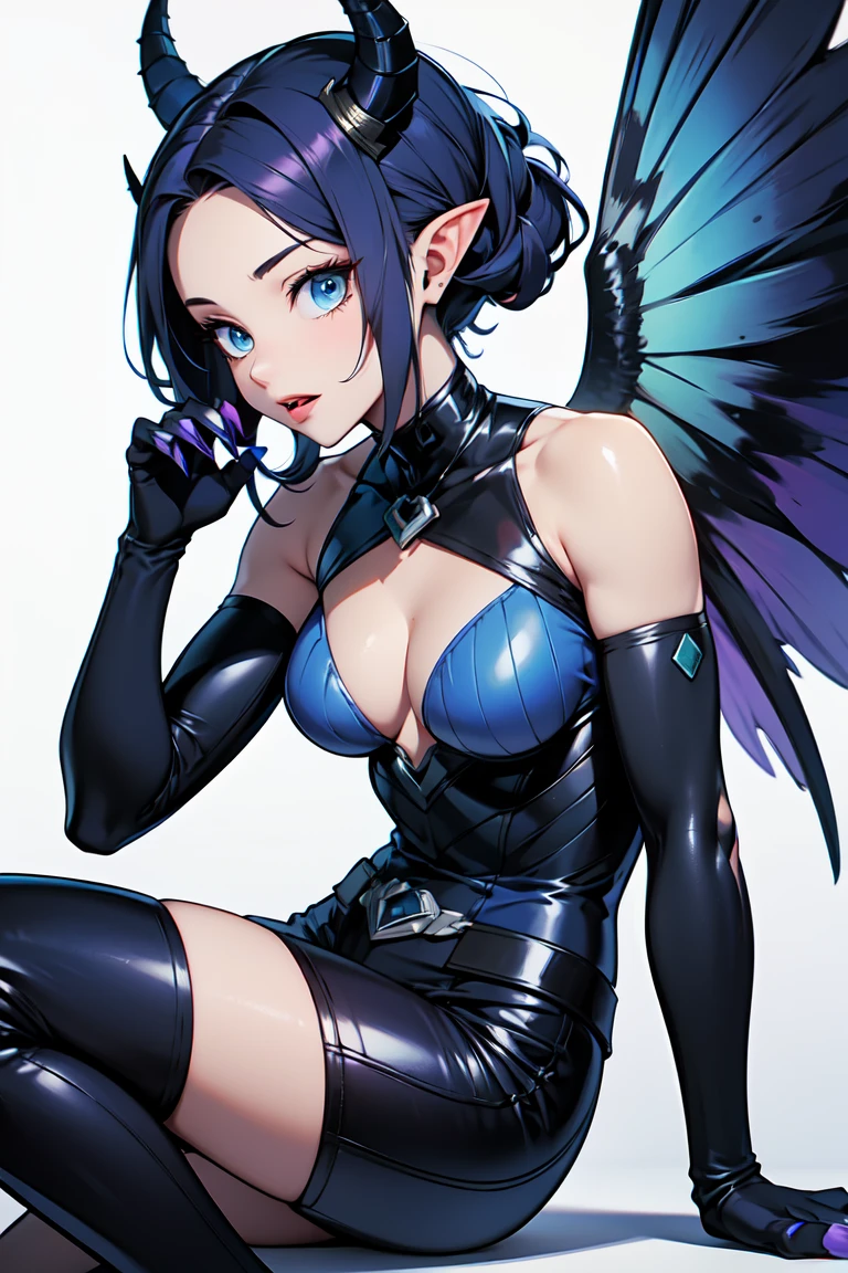 1. Light skinned woman 2. Long spiky navy blue hair/dark 3. lips painted purple 4. Blue eyes 5. Attractive clothing with technological implants whose predominant colors are Blue and green (Example Alita from Battle Angel) 6. wears dark blue boots 7. She has blue gloves 8. Both her arms and legs are uncovered., that is to say, his technological combat suit only covers her torso, waist and chest, the elbows, arms and legs are uncovered.1. eyes 2. It has a total of 6 horns, 2 large main ones located in the two upper corners of its forehead, and two other small horns located on both sides, that is to say, each main crow has another small horn on each side 3. Increases your body size and muscles 4. The tongue is purple 6. Her ears transform into a dark elf shape 8. Claws come out of her hands 9. Gets wings similar to Maleficent 10&#39;s. Its main colors green and black,  Long Hair, huge breasts,