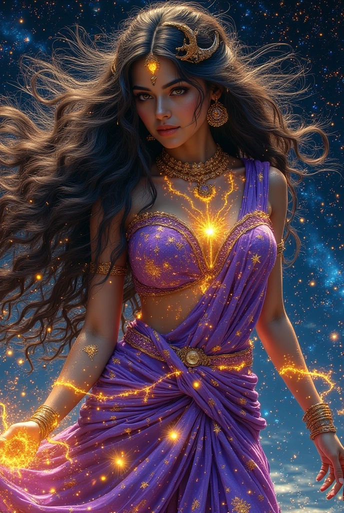 Celestial Dancer Create an intricate super realistic surreal illustration of a beautiful, voluptuous and passionate indian goddess celestial dancer, embodying the stars and cosmos. Use neon splattered ink for a vibrant, starry background, contrasting with the smooth contours of her graceful form. Emphasize fluid brush strokes to convey her captivating movement as she twirls, adorned in flowing saree that shimmer like the night sky. Shimmering cresent moon on her hair, and snake around her neck. Her hairs are glowing golden and flowing beautifully. Maintain meticulous detail throughout, particularly in her expressive eyes and the intricate constellations represented in her accessories like celestial orbs and star-studded jewelry, surrounded by luminous, swirling ink that evokes wonder and cosmic energy.