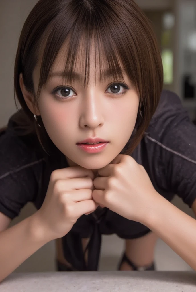 (Kyoko Fukada) (   semi-long), nsfw、 light brown hair ,   wavy hair、Slim Full Body 、Sailor suit with black tights and super miniskirt、**yo 、 Brown Eyes 、 shining eyeshadow、Long Mascara 、 shiny pink lips、Photo quality、 best quality、Unity、( beautiful eyes:1.2)、 high definition facial、 perfect lighting、High-definition CG、( perfect hands , perfect anatomy)、Squatting and spreading legs、Positive , The camera shoots from below、 show off your crotch 、 real female genitals exposed 