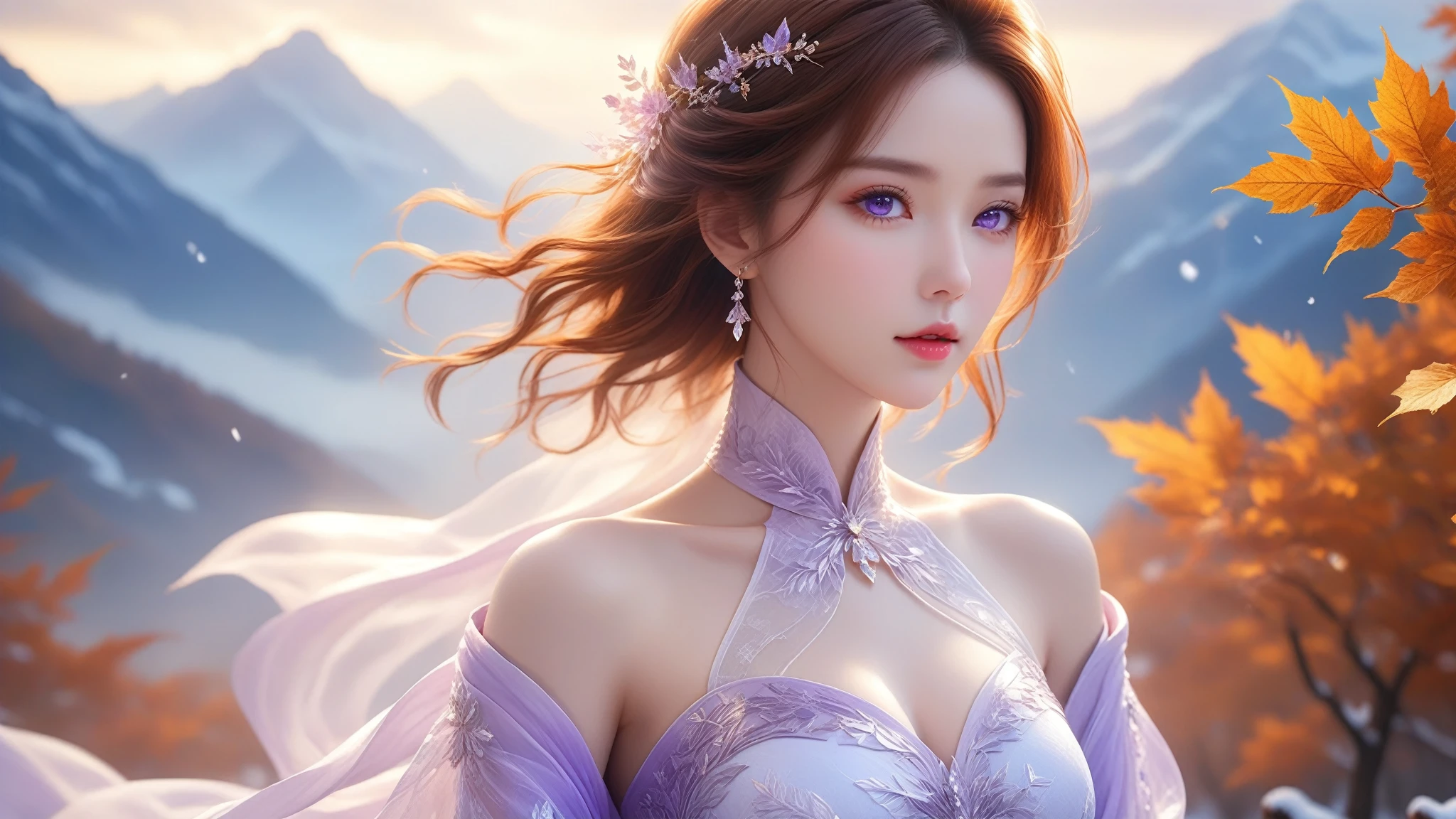 A Masterpiece In 32K Resolution, Supreme Quality, Super Detail, Official Art, Cinematic Lighting, Beautiful And Aesthetic, Ultra-Detailed Features, Very High-Resolution 32K Wallpaper. A Girl With Crystal-Textured Skin, A Cold Look, And Smooth Movement, Adorned With An Attractive Pattern And Dressed Sensually To Highlight Her Ample Breasts. Gentle Breeze, Scattered Leaves, Misty Mountain Background, Porcelain Texture Skin, Soft and Mysterious Look, Chestnut Hair, Short and Edgy, Violet Eyes, Elegant Stance, Intricately Delicate, Foggy Peaks, Stunning Eye Details, Fine Detailing, Cinematic Lighting, Charming Expression, Calm Snow Surface, Original Portraits, Super Detailed, Incredibly Detailed, An Ethereal and Serene Beauty, Gorgeous Eyes, Upper Body, Gazing Ahead, Mystical, Full Body, Front View.