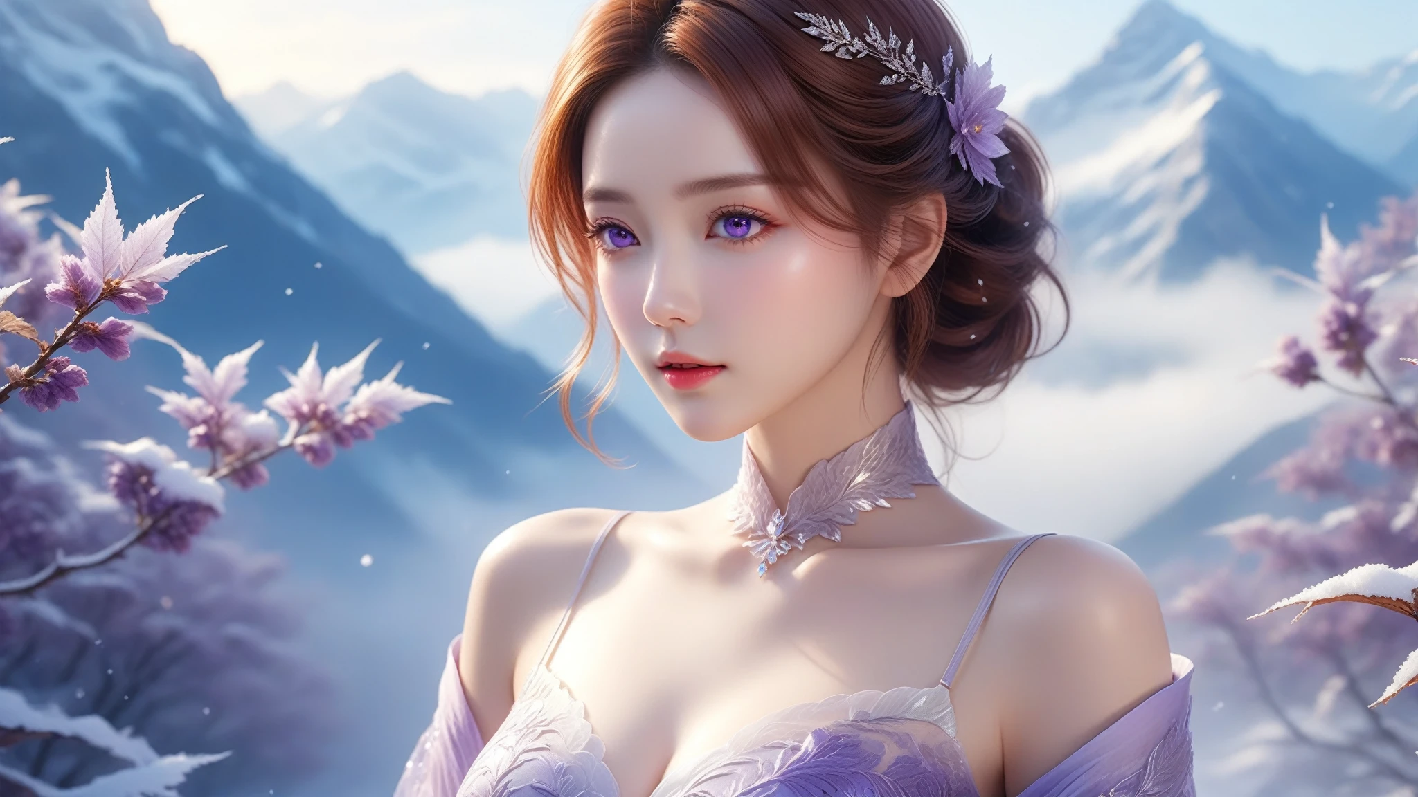 A Masterpiece In 32K Resolution, Supreme Quality, Super Detail, Official Art, Cinematic Lighting, Beautiful And Aesthetic, Ultra-Detailed Features, Very High-Resolution 32K Wallpaper. A Girl With Crystal-Textured Skin, A Cold Look, And Smooth Movement, Adorned With An Attractive Pattern And Dressed Sensually To Highlight Her Ample Breasts. Gentle Breeze, Scattered Leaves, Misty Mountain Background, Porcelain Texture Skin, Soft and Mysterious Look, Chestnut Hair, Short and Edgy, Violet Eyes, Elegant Stance, Intricately Delicate, Foggy Peaks, Stunning Eye Details, Fine Detailing, Cinematic Lighting, Charming Expression, Calm Snow Surface, Original Portraits, Super Detailed, Incredibly Detailed, An Ethereal and Serene Beauty, Gorgeous Eyes, Upper Body, Gazing Ahead, Mystical, Full Body, Front View.