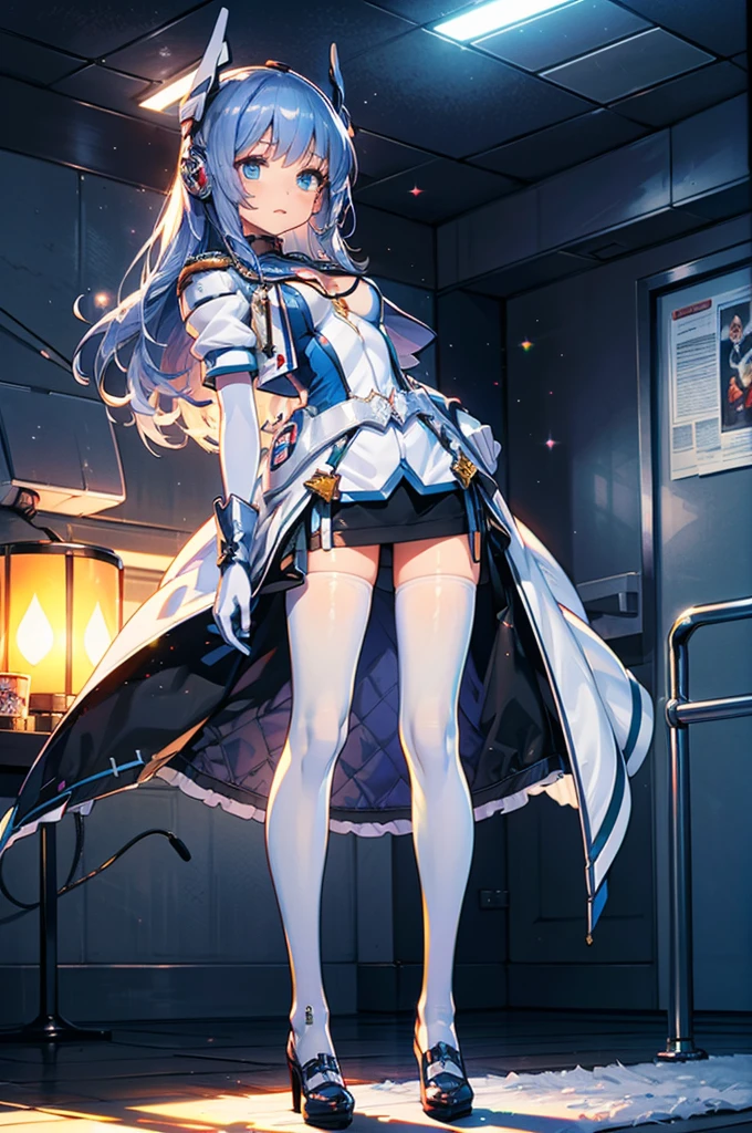   best quality ， lean against the wall ，Symphonic_sugar, Light Blue Hair ,Dark blue eyes, hair ornament ,Long Hair,White Long_Gloves,Light Blue Mini Dress , black pantyhose , high heels, ,Gloves， elegant ,  1 girl, cute, Blushed,  is looking at the viewers, from below , prison，  beautiful eyes , Beautiful background, Particles of light, Sunshine,  Dramatic Lighting , outside, Sparkling, Realistic,   best quality ,  super detailed, Get used to it, scenery,  BEAUTIFUL AND DETAILED EYES , Thin Hair，  full body shot，girl，napoleon，Military uniform，uniform，army，