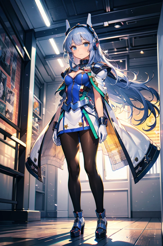   best quality ， lean against the wall ，Symphonic_sugar, Light Blue Hair ,Dark blue eyes, hair ornament ,Long Hair,White Long_Gloves,Light Blue Mini Dress , black pantyhose , high heels, ,Gloves， elegant ,  1 girl, cute, Blushed,  is looking at the viewers, from below , prison，  beautiful eyes , Beautiful background, Particles of light, Sunshine,  Dramatic Lighting , outside, Sparkling, Realistic,   best quality ,  super detailed, Get used to it, scenery,  BEAUTIFUL AND DETAILED EYES , Thin Hair，  full body shot，girl，napoleon，Military uniform，uniform，army，