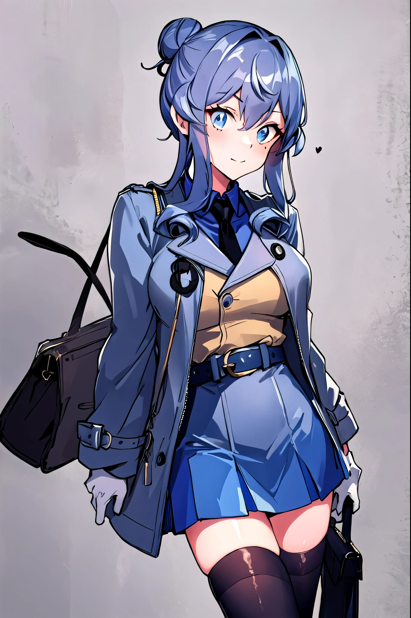   best quality , masterpiece,  high definition , Alone,Gotland Andorra KC,  1 girl , Alone, Long Sleeve ,  jacket,  colored shirt , belt, White handbag, Hair Bun,  blue skirt , uniform,  seam, single Hair Bun,  blue shirt,  blue sailor color,  black tie, blue thigh high socks,  blue skirt , military, military 制服, single Hair Bun, black tie, BLUE KNEE HIGH ,  Half Glove , trench coat 