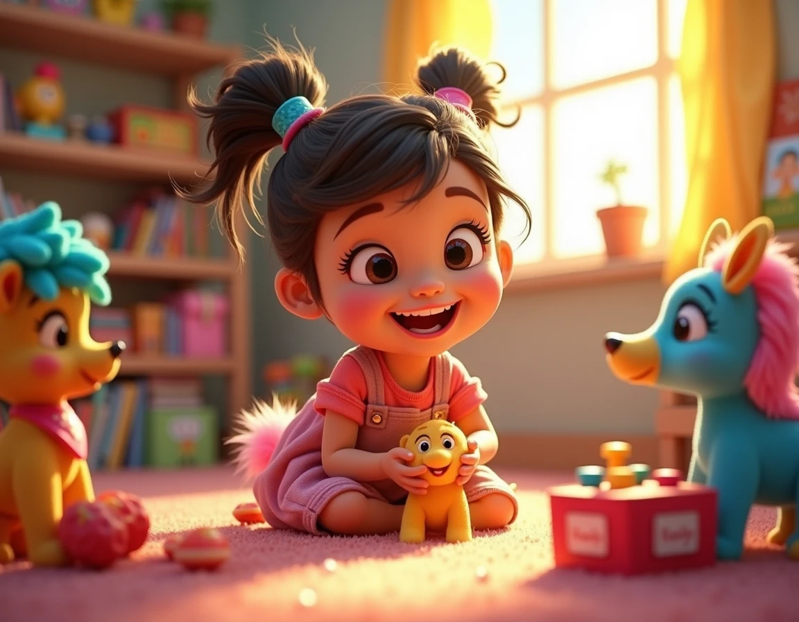 A  girl is playing with her toys in her living room 