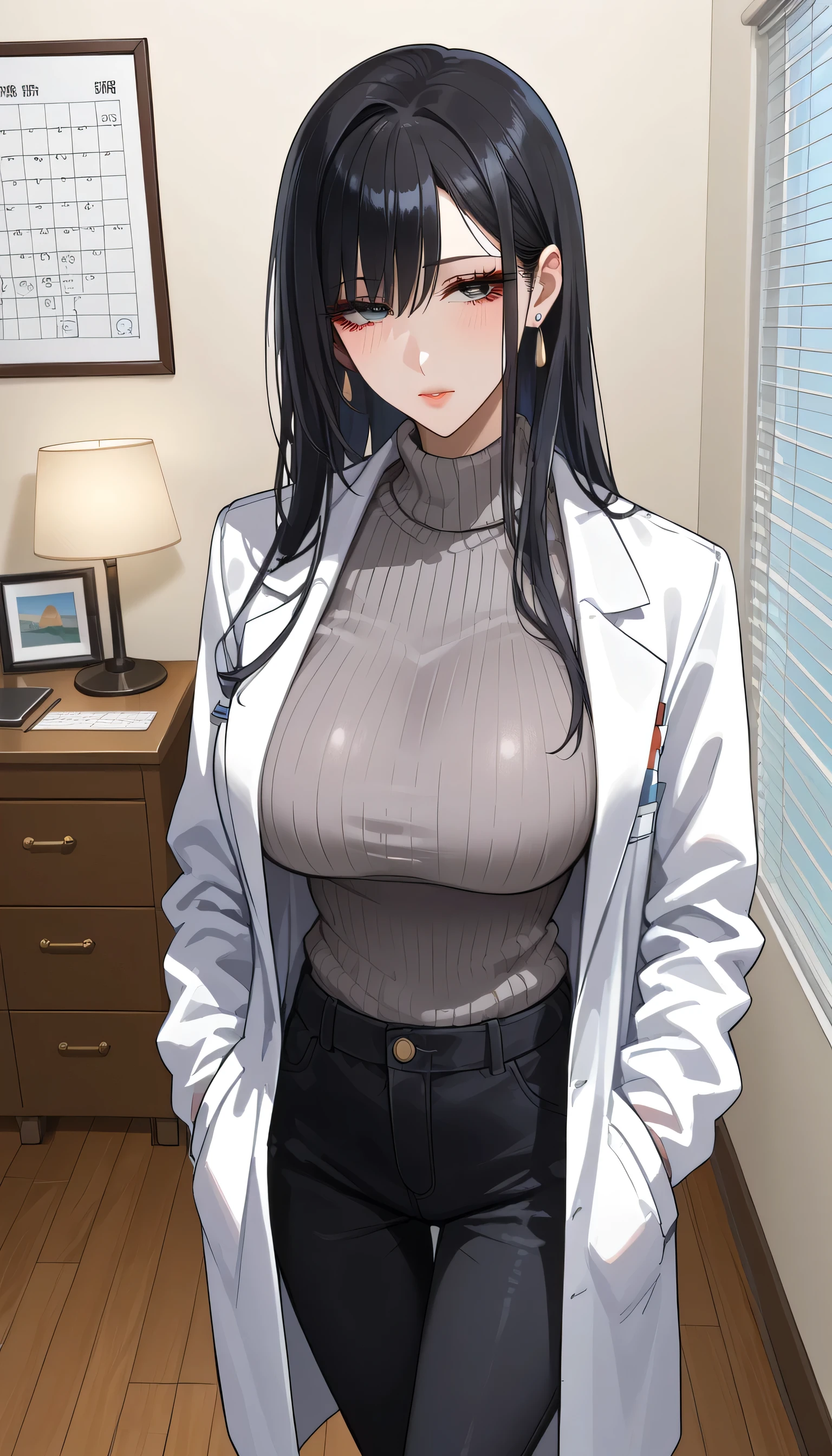  score_9,  score_8_up,  score_7_up,  source_Anime,masterpiece, best quality, BEAUTIFUL AND DETAILED EYES ,  beautiful detailed lips,  very detailed eyes and faces, long breasts, 1 female, Put on a white coat、 sweater under a white coat, doctor、 Grey Sweater 、 grey sweater、 Dowel Dowel Sweaters、Matte Clothes 、Black Skinny、 long black pants  , Big saggy breasts, shockingly  Big Breasts ,  Big Breasts , room,  No Emotion 、 zitales,  taken from above、makeup、 no makeup、 black hair、 long hair、 zitales、A tired face、Sleepy face