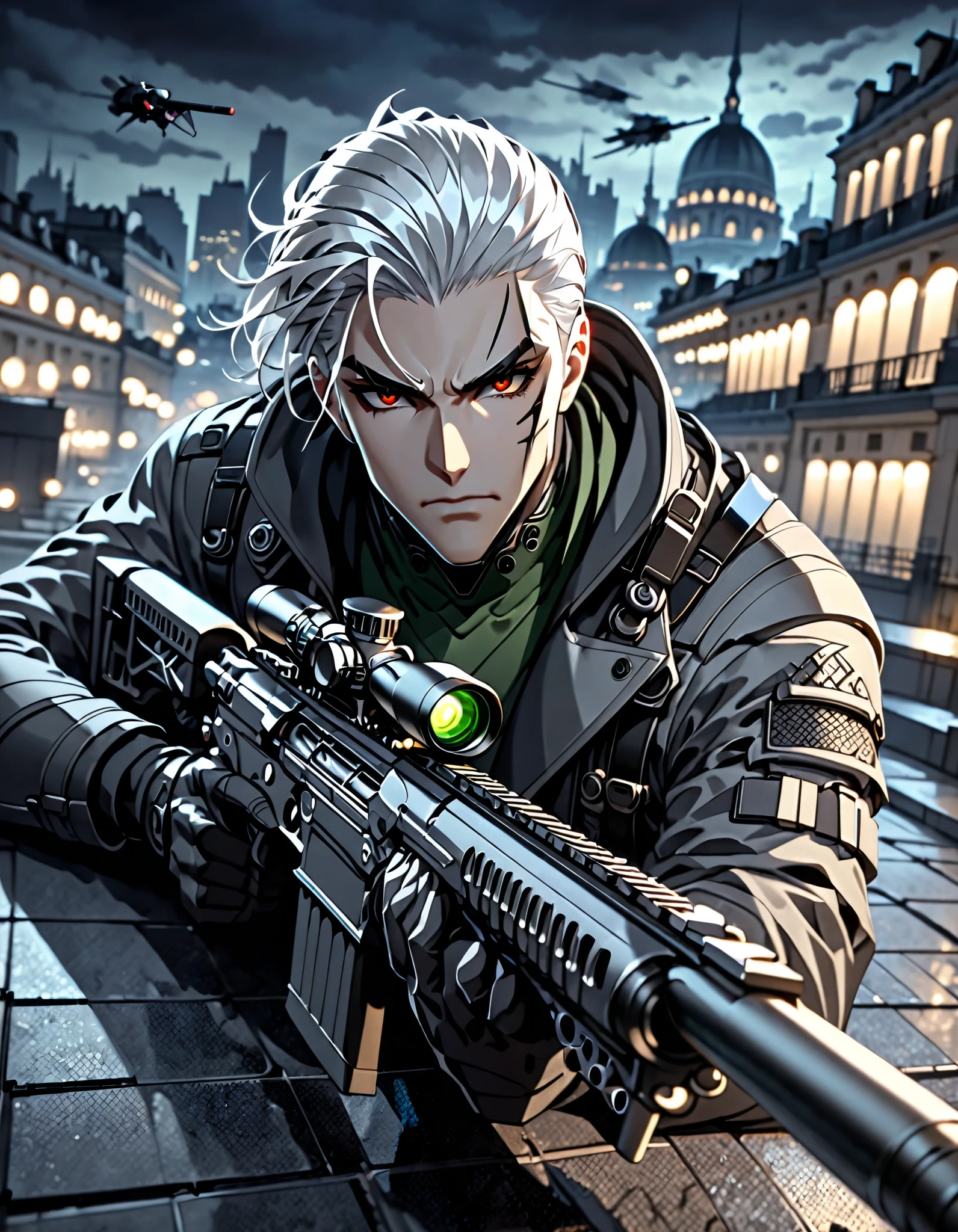 best quality, masterpiece, hires, highly detailed, 8k, 1male, male focus, solo focus, professional assassin, white hair, brown eyes, slicked-back hairstyle, cybernetic eye, green turtleneck sweater, dark grey trench coat, tactical headset, black tactical gear, holding a sniper rifle, rooftop, nighttime, Paris backdrop, indoors, serious and grim expression, depth of field, noir atmosphere