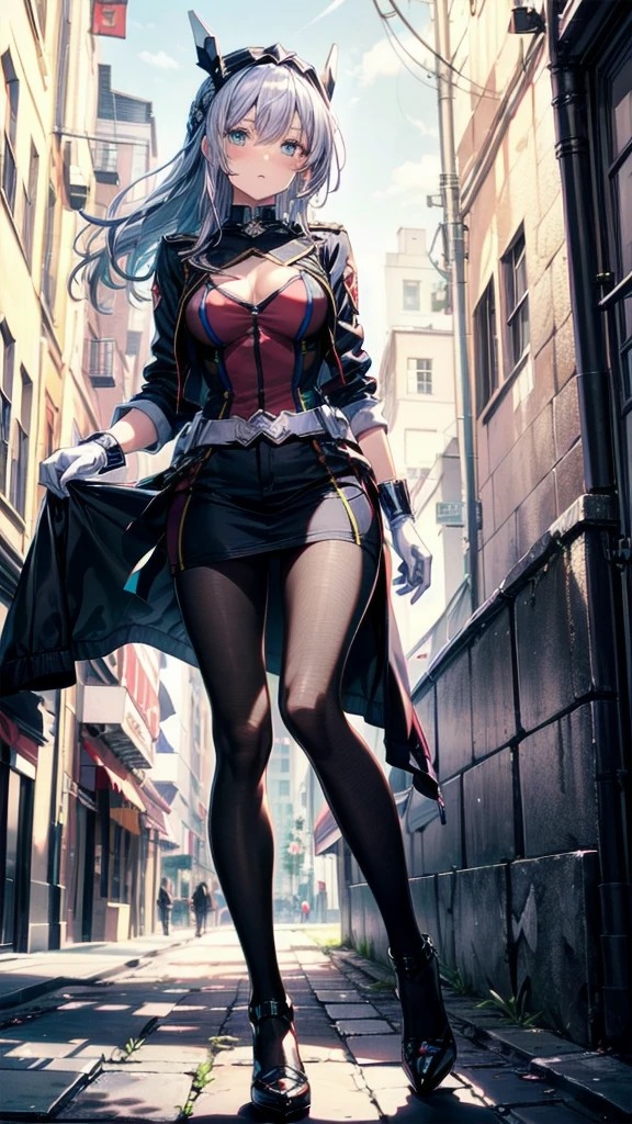   best quality ， lean against the wall ，Symphonic_sugar, Light Blue Hair ,Dark blue eyes, hair ornament ,Long Hair,White Long_Gloves,Light Blue Mini Dress , black pantyhose , high heels, ,Gloves， elegant ,  1 girl, cute, Blushed,  is looking at the viewers, from below , prison，  beautiful eyes , Beautiful background, Particles of light, Sunshine,  Dramatic Lighting , outside, Sparkling, Realistic,   best quality ,  super detailed, Get used to it, scenery,  BEAUTIFUL AND DETAILED EYES , Thin Hair，  full body shot，girl，napoleon，Military uniform，uniform，army，