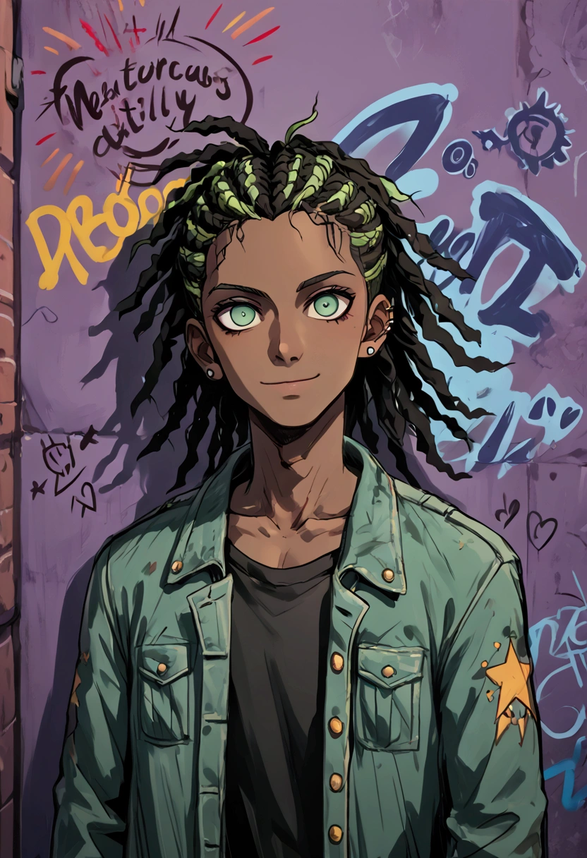  
(foco frontal), (8k, 4k, intricate),(closeup-shot:1), (highly detailed:1.2),(((detailed background:1.2,graffiti walls, apocalyptic alleyway)))teal green eyes, dark skinned pretty boy with ear piercings standing for a photo, he wears an green jacket with yellow fur-collar, dark brown shirt, Killmonger hairstyle, faded haircut, short dreadlocks{{light green highlights}}}, detailed character portrait, portrait of a athletic male character, colored sketch, demon slayer rui fanart, unrealistic character concept , apocalyptic desert, apocalyptic background, night time), Masterpiece, best quality, {best quality}, {{masterpiece}}, {highres}, focus, anime style, baggy eyes,, smiling,, African-American model,, colored sketch, fanart, digital art from danganronpa, drawn in the style of mark arian, androgynous black boy who looks like Lucio, stylized portrait, solo portrait 🎨🖌️, a character portrait