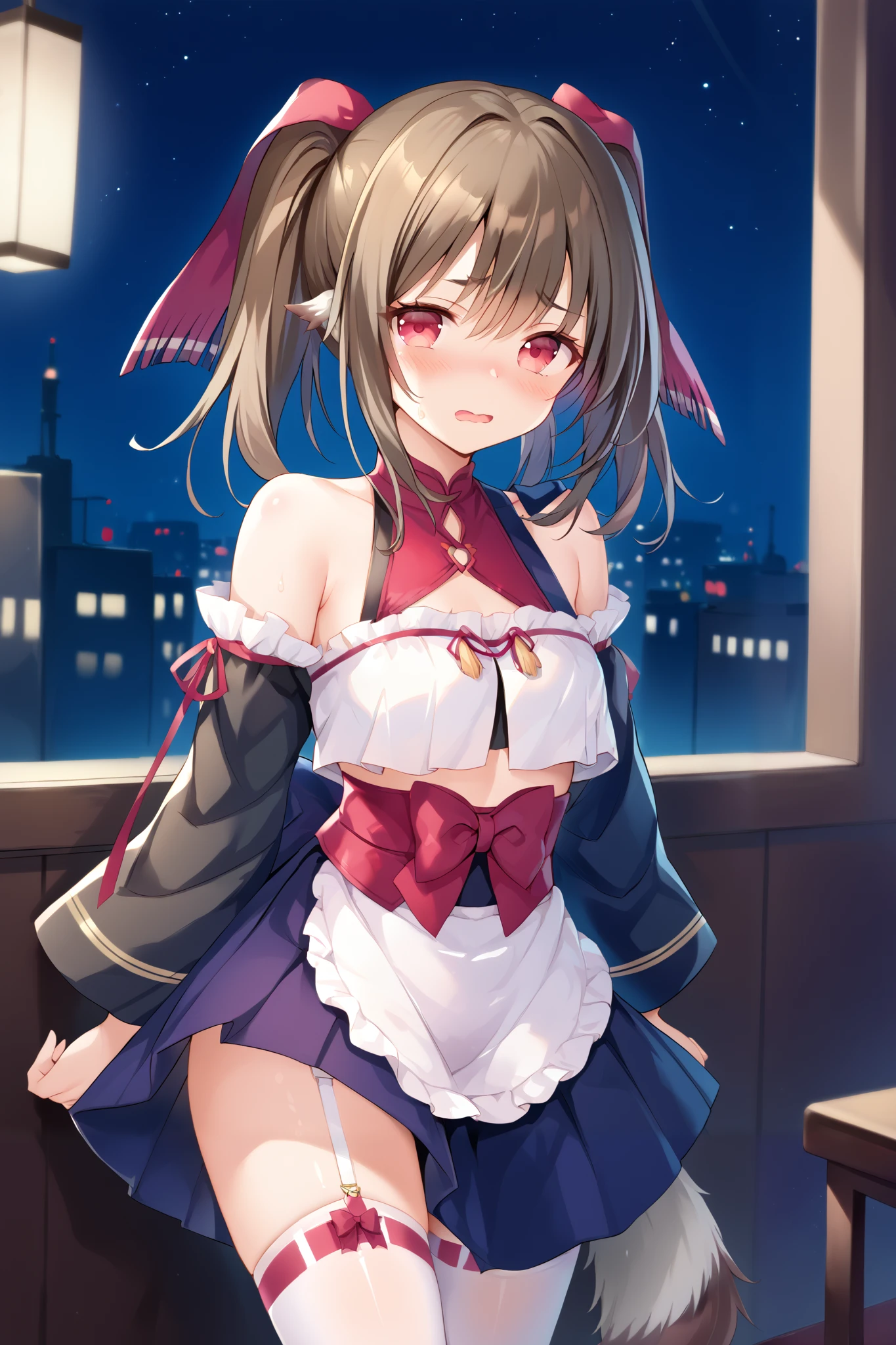 NSFW,masterpiece,Highest quality,High resolution,Super detailed,nekone \(utawarerumono\),Brown Hair、(Red Eye:1.3)、ribbon,Animal Ears,Heng'er,Twin tails、ヘアribbon、Mole、目の下のMole,Small breasts,blush,Expecting face,smile,bustling street,Date