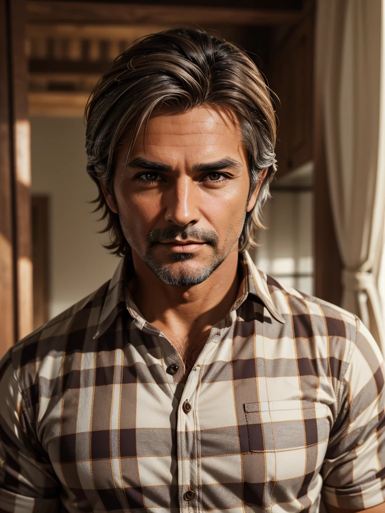 (best quality), 1boy, Male, mature, older, tanned skin, brown hair, silver streaks, short hair, curtain hair, brown eyes, McCree, stubble, strong jawline, broad, daddy, (plaid shirt), hairy, masterpiece, anatomically correct, highres
