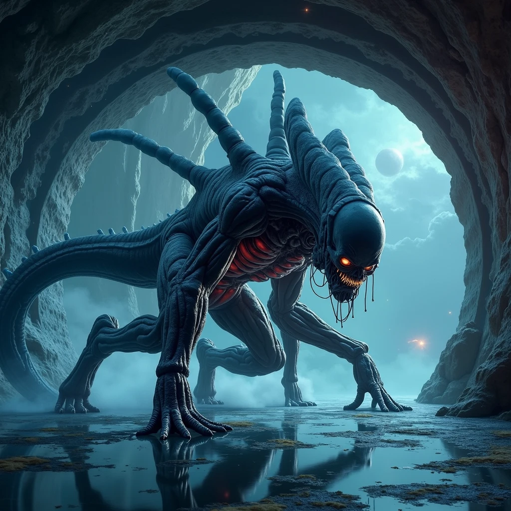 Fantastic, dark fantasy, sci-fi horror, aliens, alien caves, lairs of space creatures, screams, fusion with beautiful women,