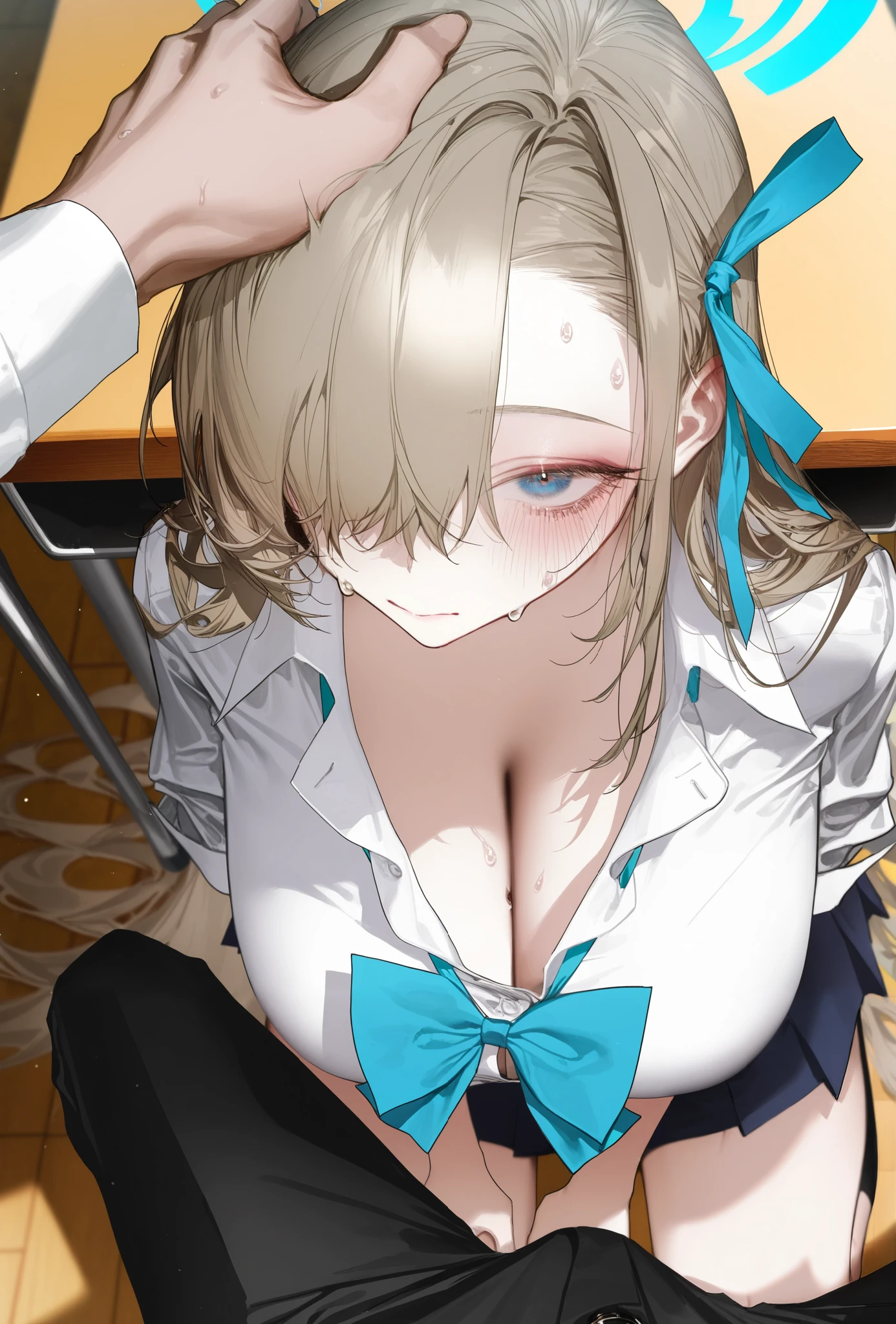 1girl, asuna_(blue_archive), au (d elete), rella, liduke, pigeon666, reoen, school uniform, cleavage, sitting, kneeling, sweat, very huge breasts, under table, blowjob, plump, from above, looking up, sensei pov, 1sensei, grab head, classroom, depth of field, cinematic, motion blur, masterpiece, best quality, good quality, newest
