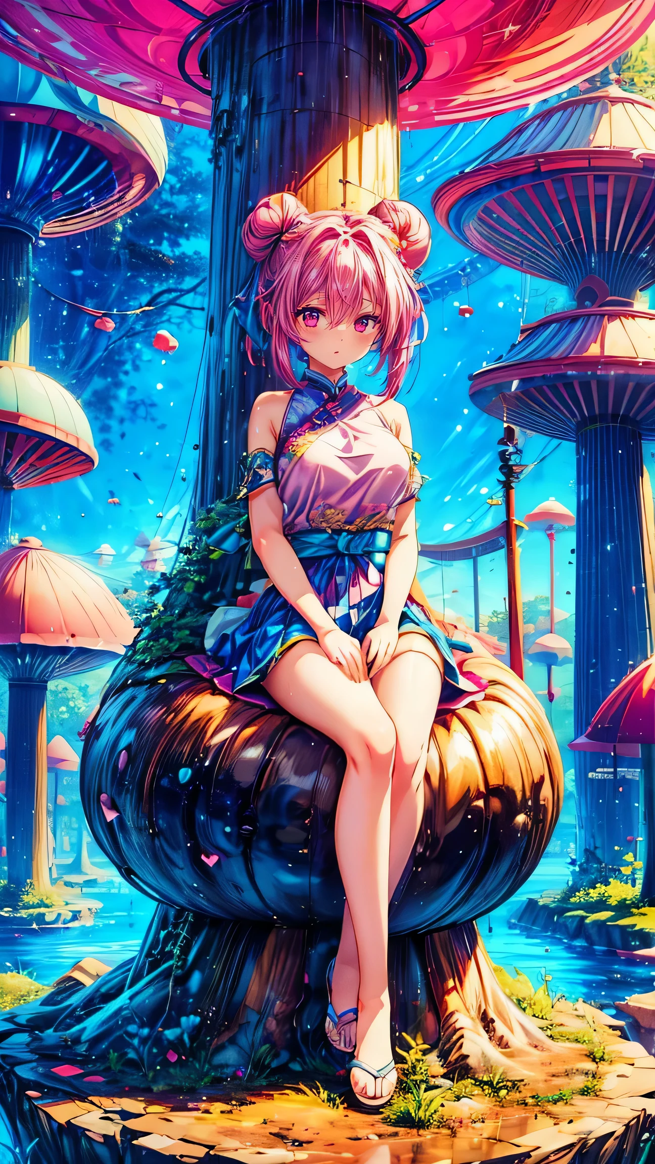 1 asian girl, beautiful 18 year old girl, pink hair in a bun, bare shoulders, sitting on a giant mushroom, elegant, chic, modern, fashionable, muted colors, soft lighting, art nouveau, psychedelic anime style, colorful, trippy, (best quality,4k,8k,highres,masterpiece:1.2), ultra-detailed, ultra-fine painting, sharp focus, vivid colors, bokeh, full body,