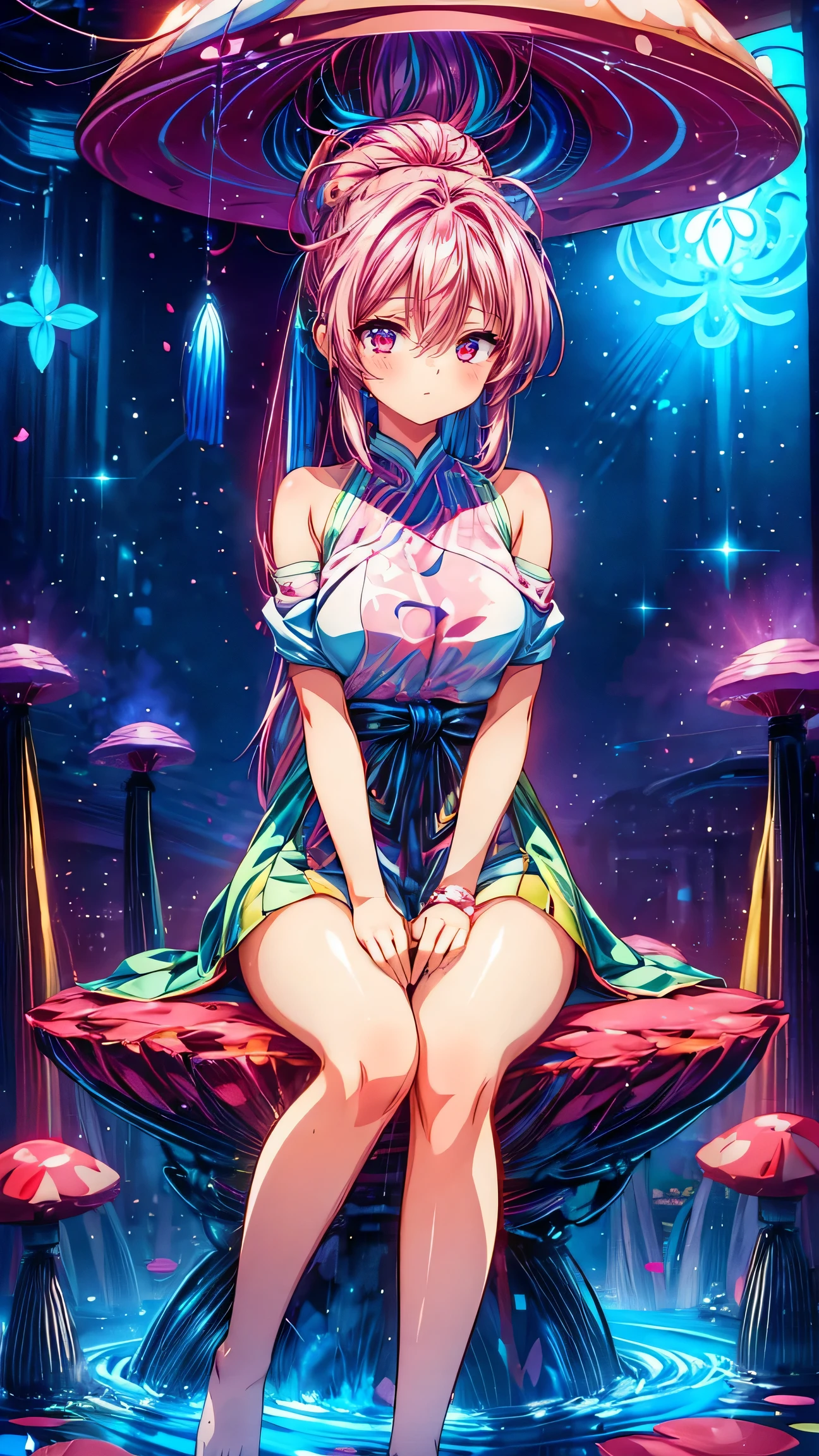 1 asian girl, beautiful 18 year old girl, pink hair in a bun, bare shoulders, sitting on a giant mushroom, elegant, chic, modern, fashionable, muted colors, soft lighting, art nouveau, psychedelic anime style, colorful, trippy, (best quality,4k,8k,highres,masterpiece:1.2), ultra-detailed, ultra-fine painting, sharp focus, vivid colors, bokeh, full body,