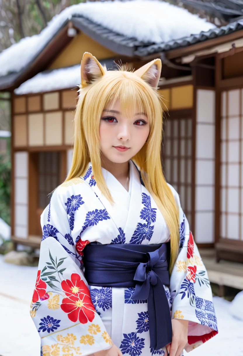  best quality、 very cute 、細身の体、Very small、 cat fox ears and tail、Red eyes、 yellow hair、 straight hair、 hair that flutters like、Snow Scene、Old straw house、Japanese Housing、 Japanese Kimono、Fox pose、Pouting face