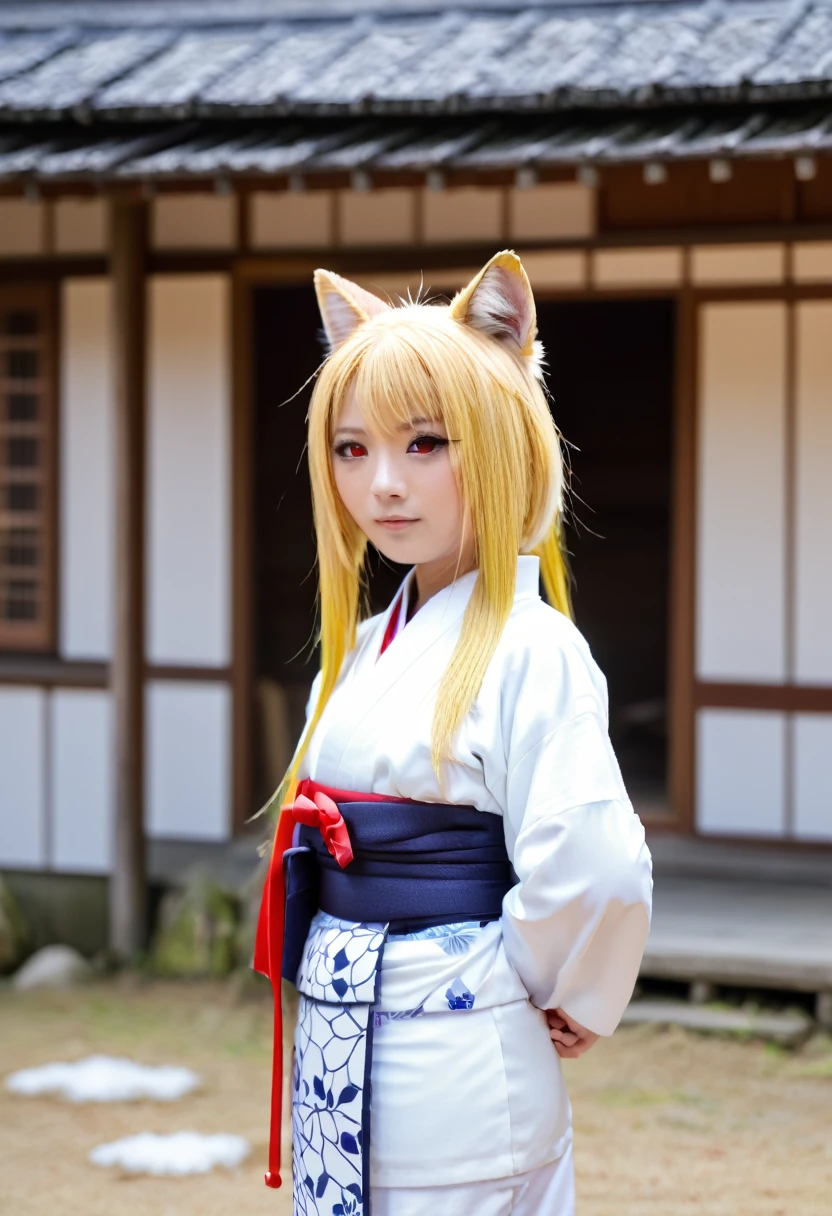  best quality、 very cute 、細身の体、Very small、 cat fox ears and tail、Red eyes、 yellow hair、 straight hair、 hair that flutters like、Snow Scene、Old straw house、Japanese Housing、 Japanese Kimono、Fox pose、Pouting face