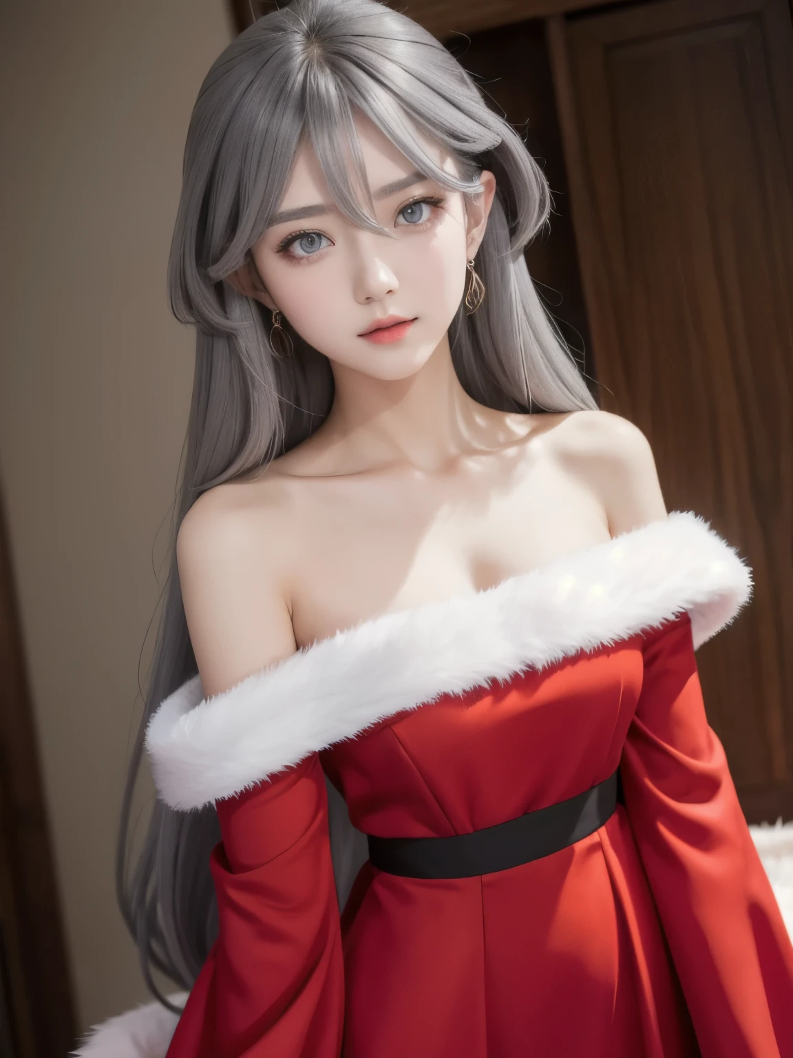 (best quality, 4K, 8k, masterpiece:1.3, RAW photo), super detailed face, detailed lips from home, Detail Eyes, double eyelids, beautiful girl, Cute Japanese Girl,
BREAK
1 girl, solo, upper body,
BREAK
miorine rembran, ahoge, (grey eyes:1.5), grey hair, hair between eyes, (long hair:1.25), swept bangs, Underbust,
BREAK
{uniform, outfit, clothes}, red santa dress, ((red flare dress, off-shoulder, long sleeve, fake fur)),