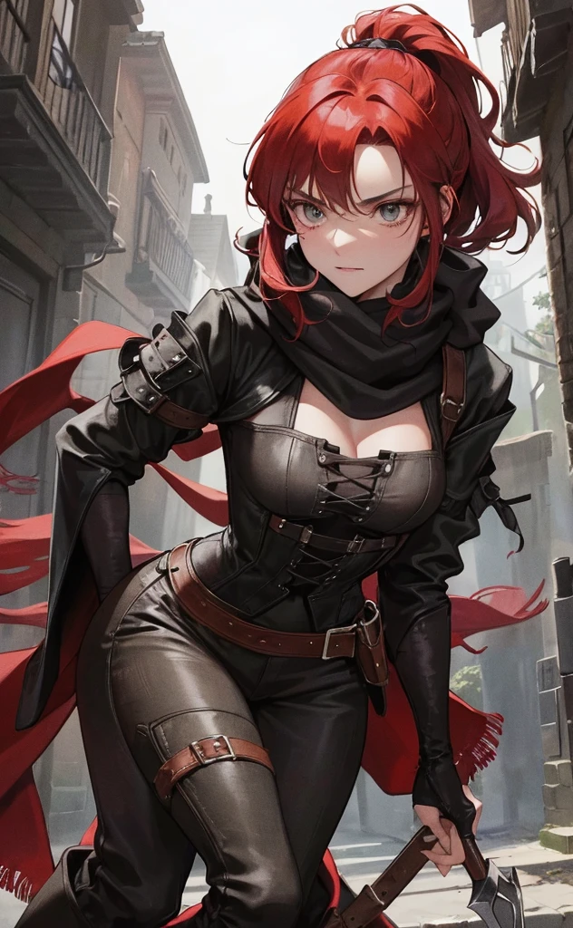 female assassin , Hunting, Medieval theme, ((A MILF)), menacing look, Dynamic Poses, dynamic angled shot,From above, From below,
(((masutepiece))), ((Best Quality)), ((intricate-detail)), ((hyper realisitic)), sexy woman with assassin attribute cloth, Leather pants, corsets, hoody cloak (large full breasts), bracers, pauldrons, Perspective, Highly detailed, Illustration, 1 girl, Perfect hands, Detailed fingers, Beautiful detailed eyes, Long hair, red hetacy:1.2), armor, Abstract background, nighttime scene ,fierce look, Looking at the viewer, From the front,