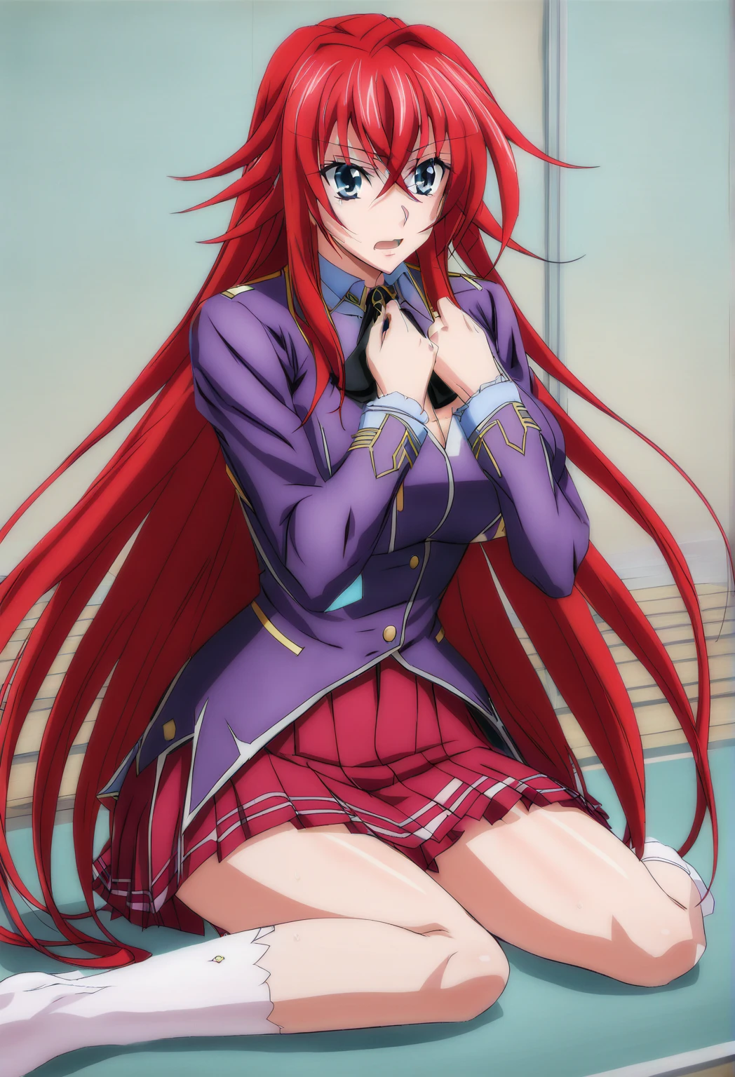 sysdeep_you laugh, 1 girl, Alone, long_hair, looking_en_espectador, open_boca, blue_eyes, big_breasts, hair_between_eyes, very_long_hair, school_uniform, _ Body, choke, red_hair, pleened_skirt,  session, socks, red_skirt, white_socks,  huge _choke, 