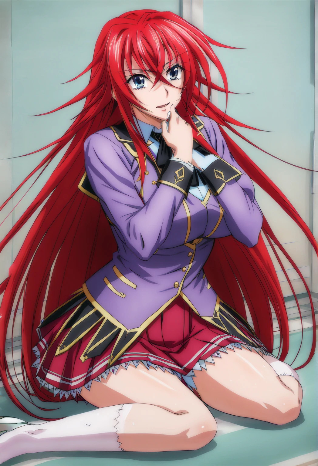 sysdeep_you laugh, 1 girl, Alone, long_hair, looking_en_espectador, open_boca, blue_eyes, big_breasts, hair_between_eyes, very_long_hair, school_uniform, _ Body, choke, red_hair, pleened_skirt,  session, socks, red_skirt, white_socks,  huge _choke, 