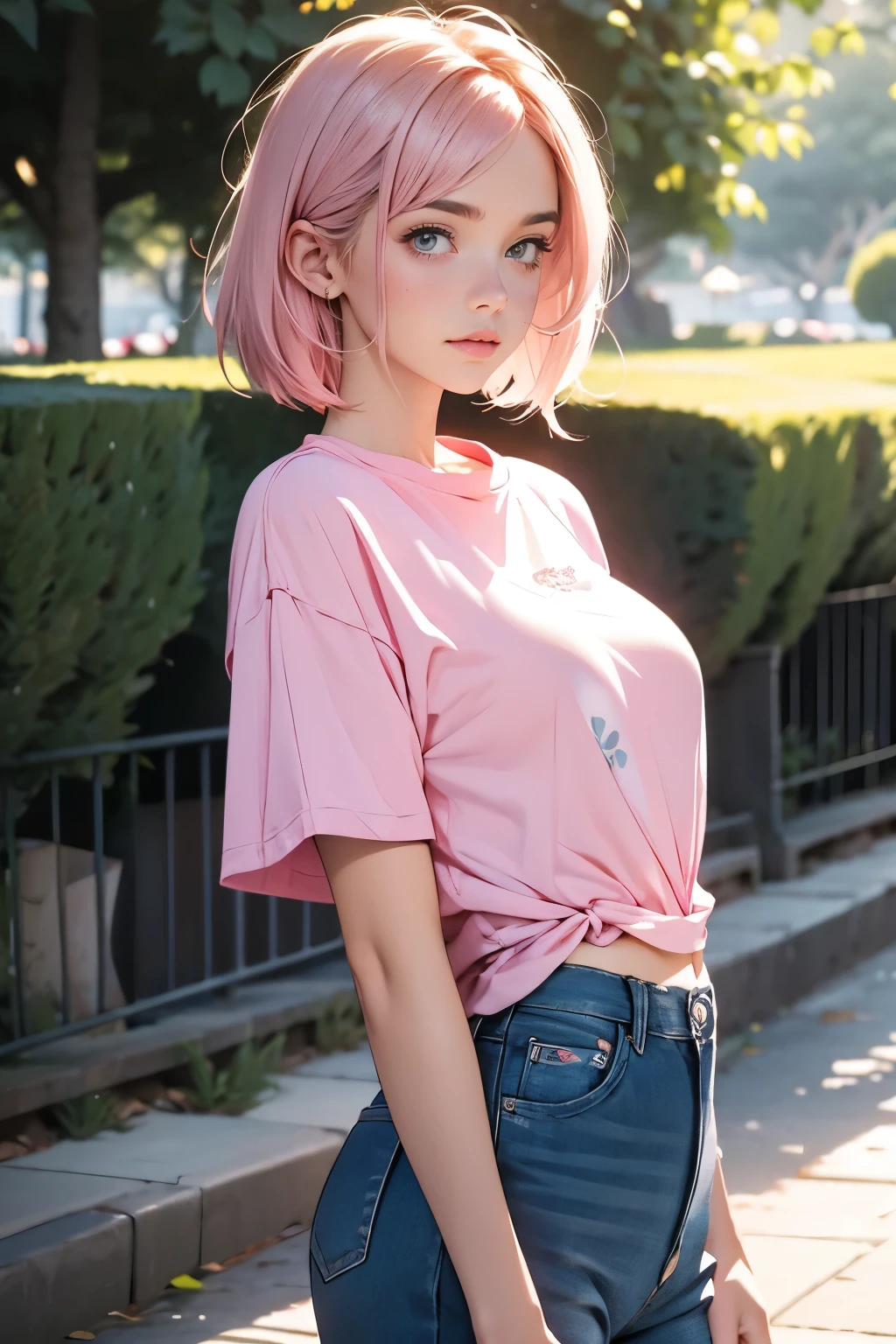 Beautiful Sara Watson girl pink medium length hairstyle medium size boob casual clothes outdoor background