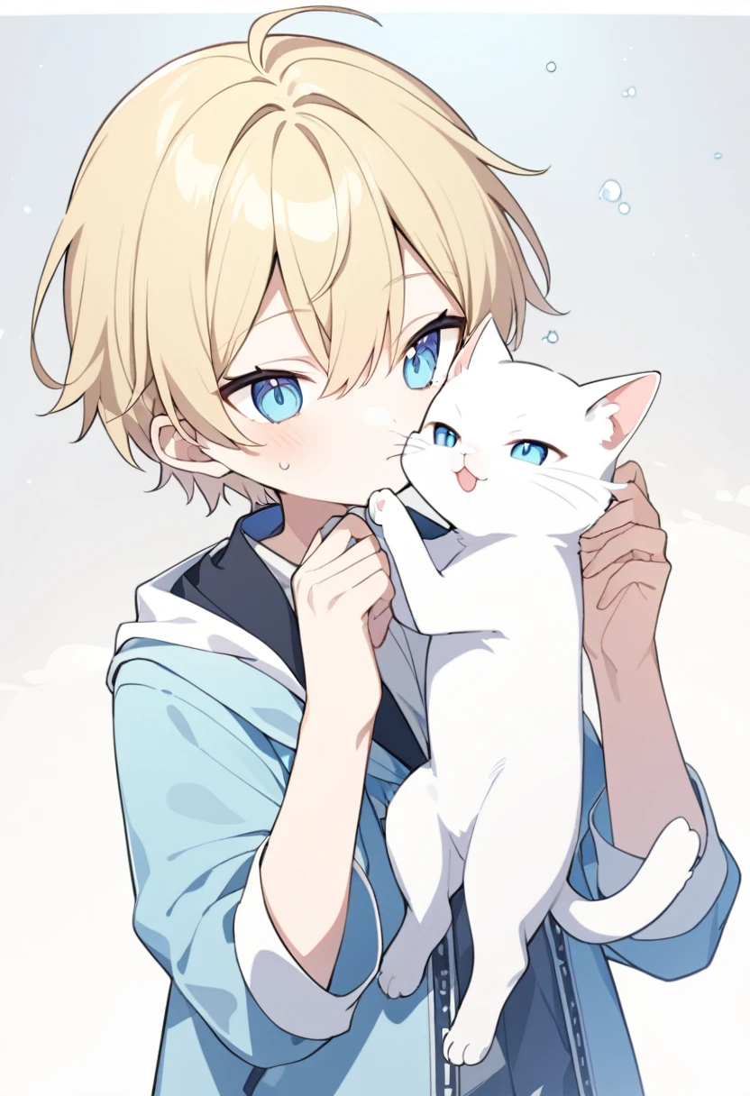  1 boy 、Blonde(( Very Short))、 hair between eyes、Light blue eyes、🩵、Light blue jacket 、 holding a white cat