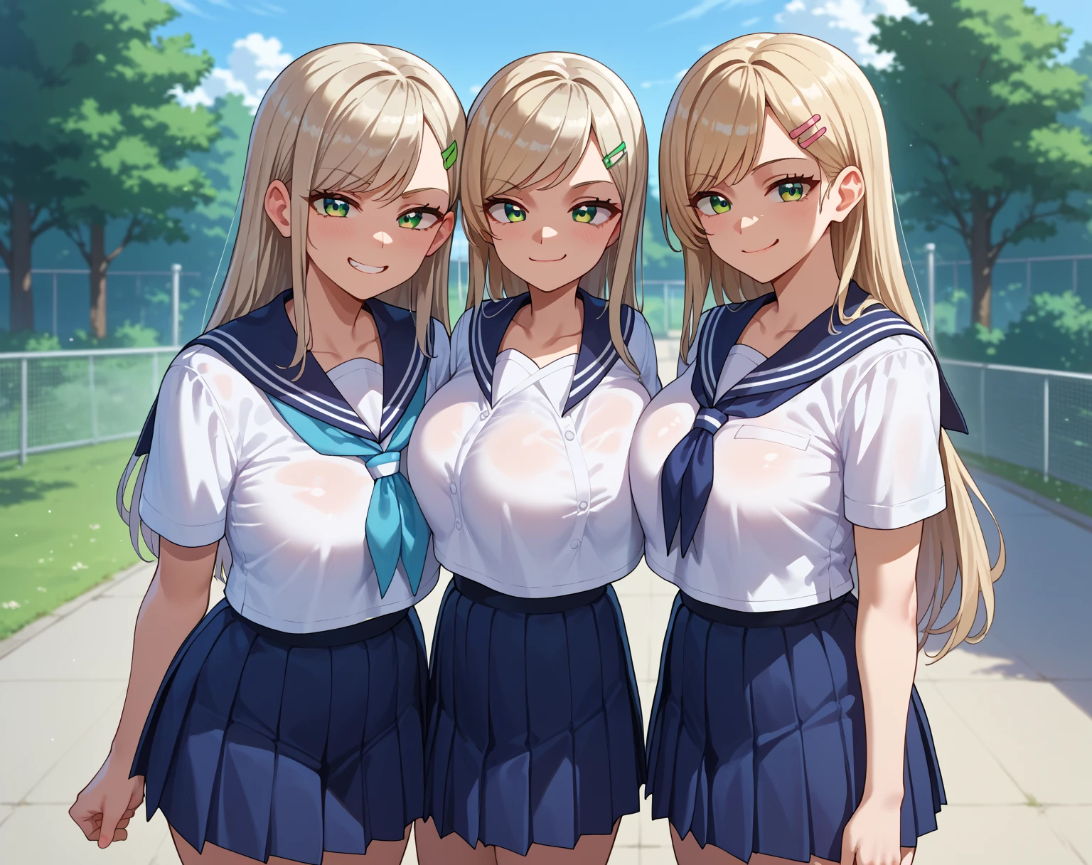 {{score_9, score_8_up, score_7_up, score_6_up, score_5_up, score_4_up, source_anime}} outdoors, school, 2 girls, cowboy shot, looking at viewer, platinum blonde hair, swept bangs, long hair, pink hairclip, green eyes, large breasts, serafuku, sailor shirt, blue neckerchief, pleated skirt, smug,