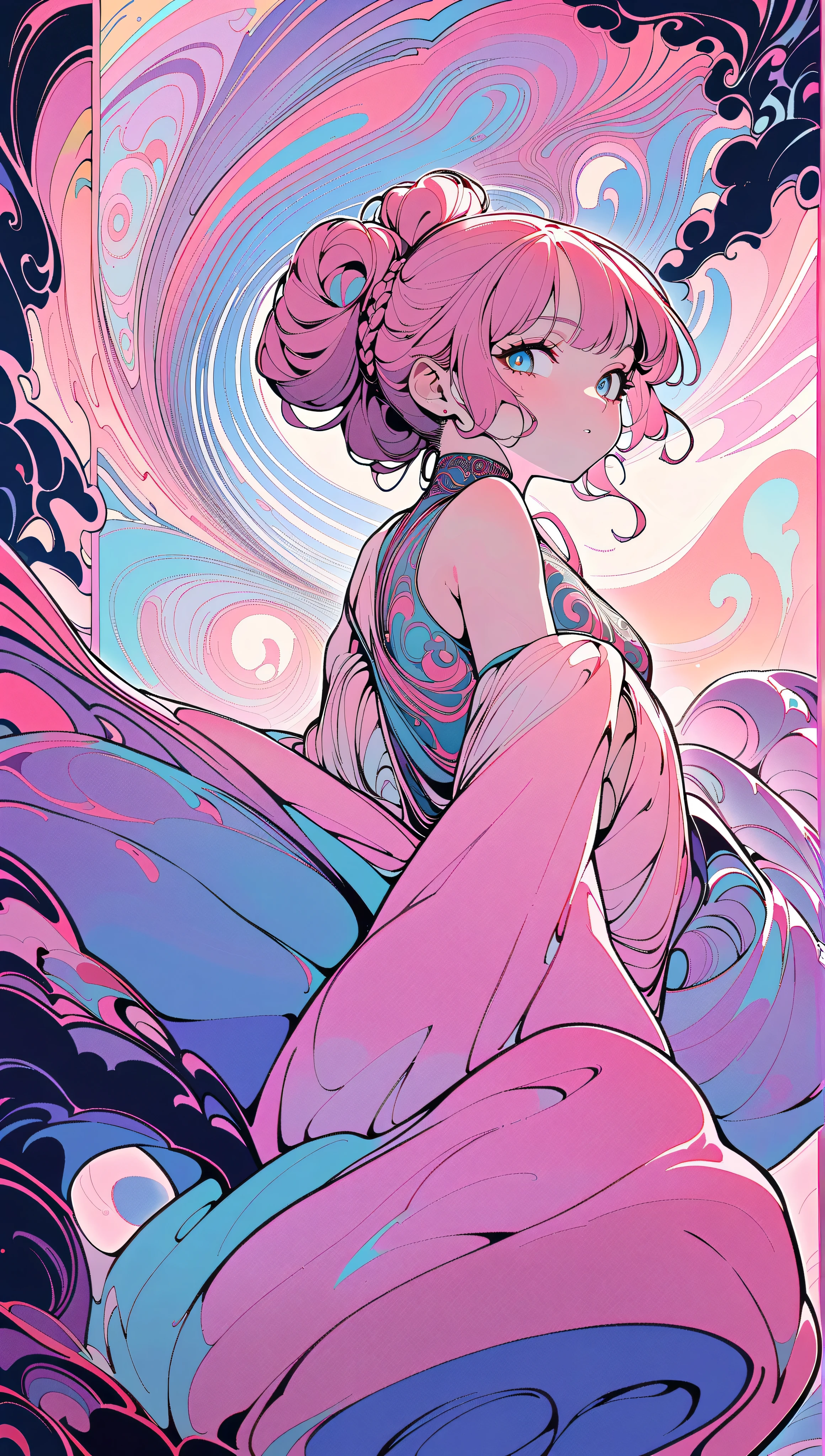 1 asian girl, beautiful 18 year old girl, pink hair in a bun, bare shoulders, sitting on a giant mushroom, elegant, chic, modern, fashionable, muted colors, soft lighting, art nouveau, psychedelic anime style, colorful, trippy, (best quality,4k,8k,highres,masterpiece:1.2), ultra-detailed, ultra-fine painting, sharp focus, vivid colors, bokeh, full body,
