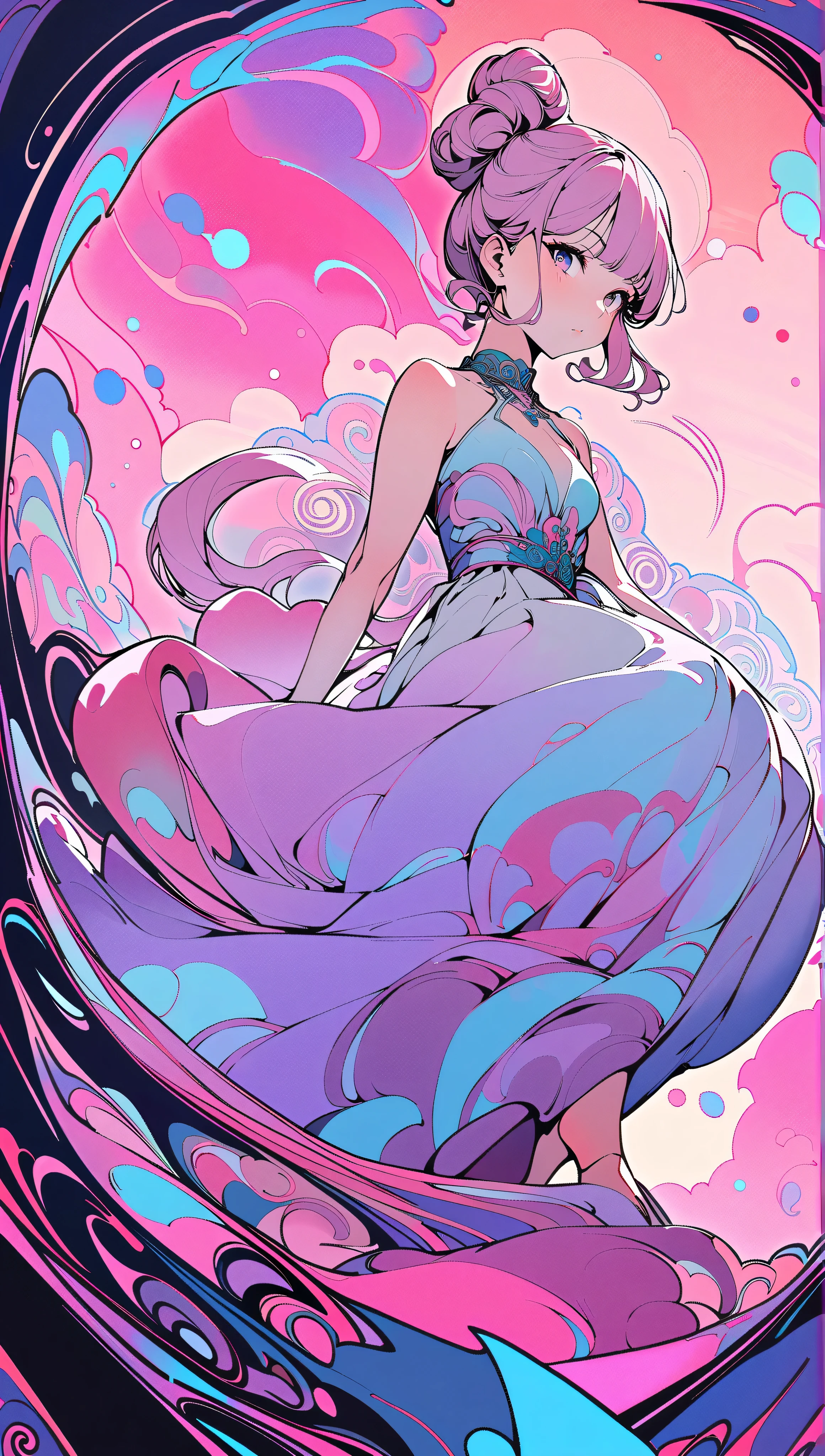 1 asian girl, beautiful 18 year old girl, pink hair in a bun, bare shoulders, sitting on a giant mushroom, elegant, chic, modern, fashionable, muted colors, soft lighting, art nouveau, psychedelic anime style, colorful, trippy, (best quality,4k,8k,highres,masterpiece:1.2), ultra-detailed, ultra-fine painting, sharp focus, vivid colors, bokeh, full body,
