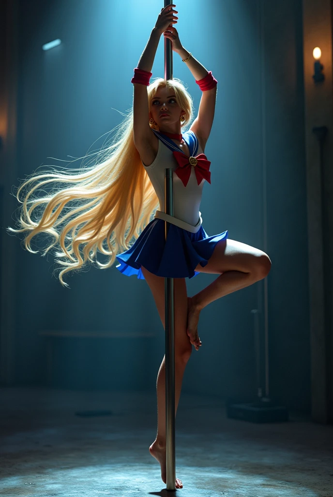 beautiful woman, blonde, very long hair, sailor moon uniforms, full body tattoo, lace thong and bra, perfect body, big ass,face orgasm, dancing in a strip dance club, (((ultra-realistic skin detail))),