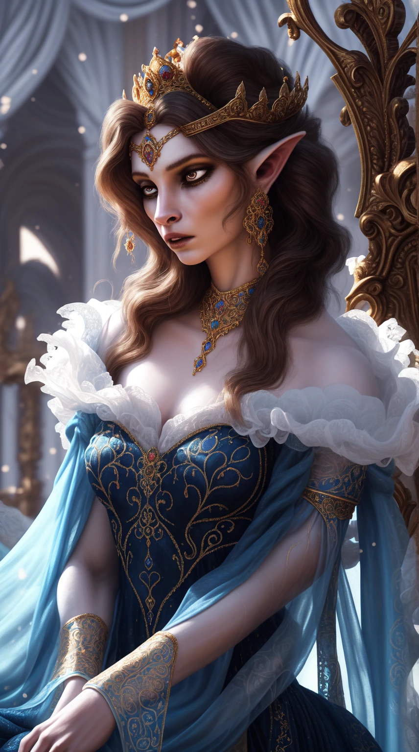 a beautiful young woman, queen, intricate ornate crown, elegant regal dress, graceful posture, piercing eyes, detailed facial features, porcelain skin, flowing hair, serene expression, ornate palace interior, golden accents, dramatic lighting, photorealistic, 8k, high quality, oil painting