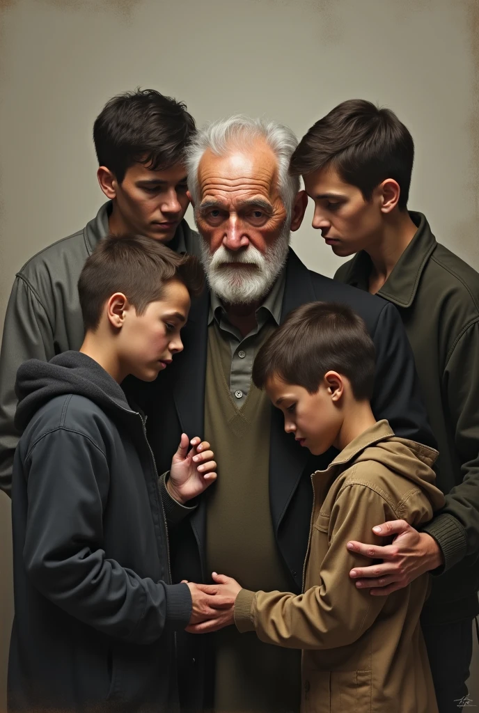a scary old man holding a boy child's hand in a basement ultra realistic skin 4k