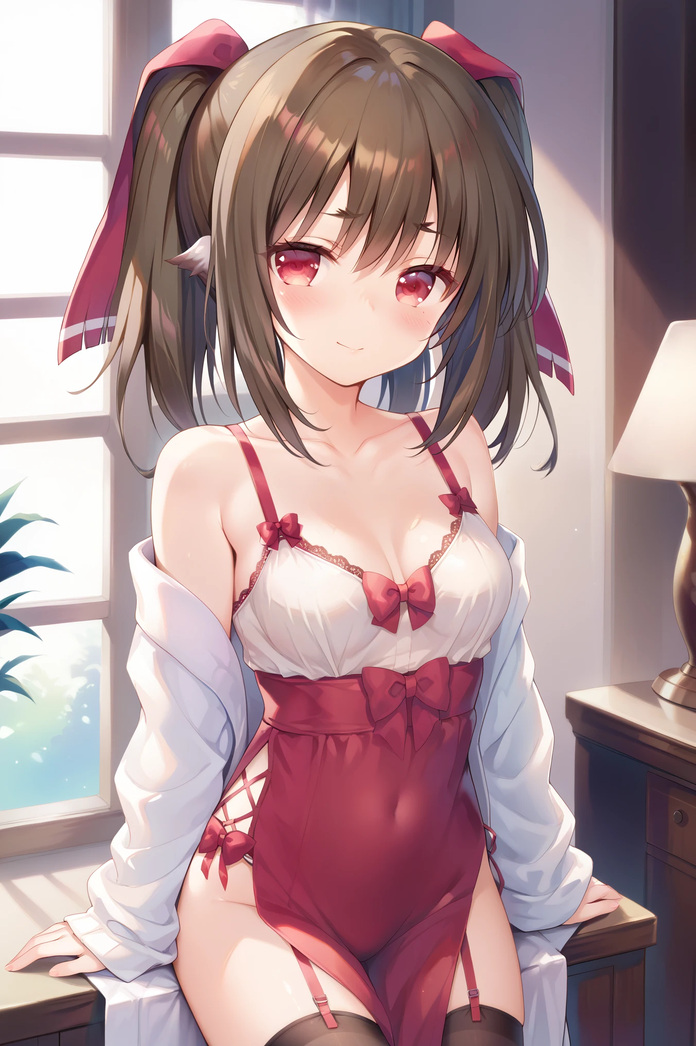 NSFW,masterpiece, best quality, high definition , Very detailed,Nekone\(Utawarerumono\),Brown Hair, twin tails, hair bow ,Red eyes, lustful face,blush, fine lingerie