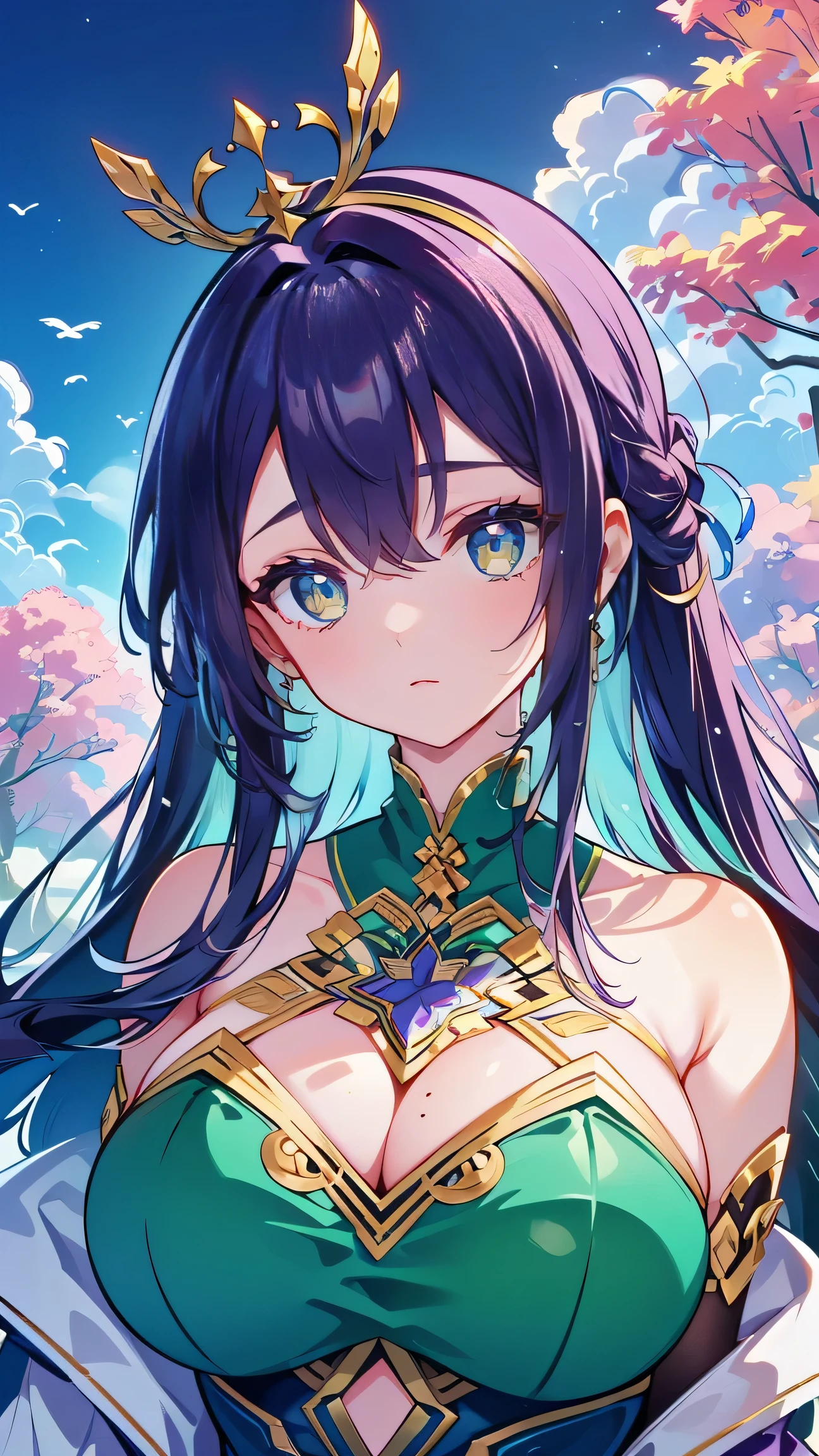 (masterpiece, highres, high resolution:1.2), anime 20 yo girl, portrait, shoulders up, illustration. drawn, violet hair, asian girl, green eyes, blushing, solo, surprised, freckles, big lips, huge breasts, perfect body, wearing a tube top, no hands.